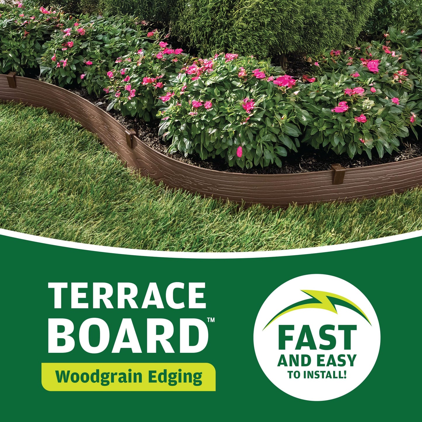 Master Mark Landscape Edging Coil (Terrace Board), 40 ft. x 4 in. Tall, Plastic Garden Edging Border with 10 Stakes, Brown