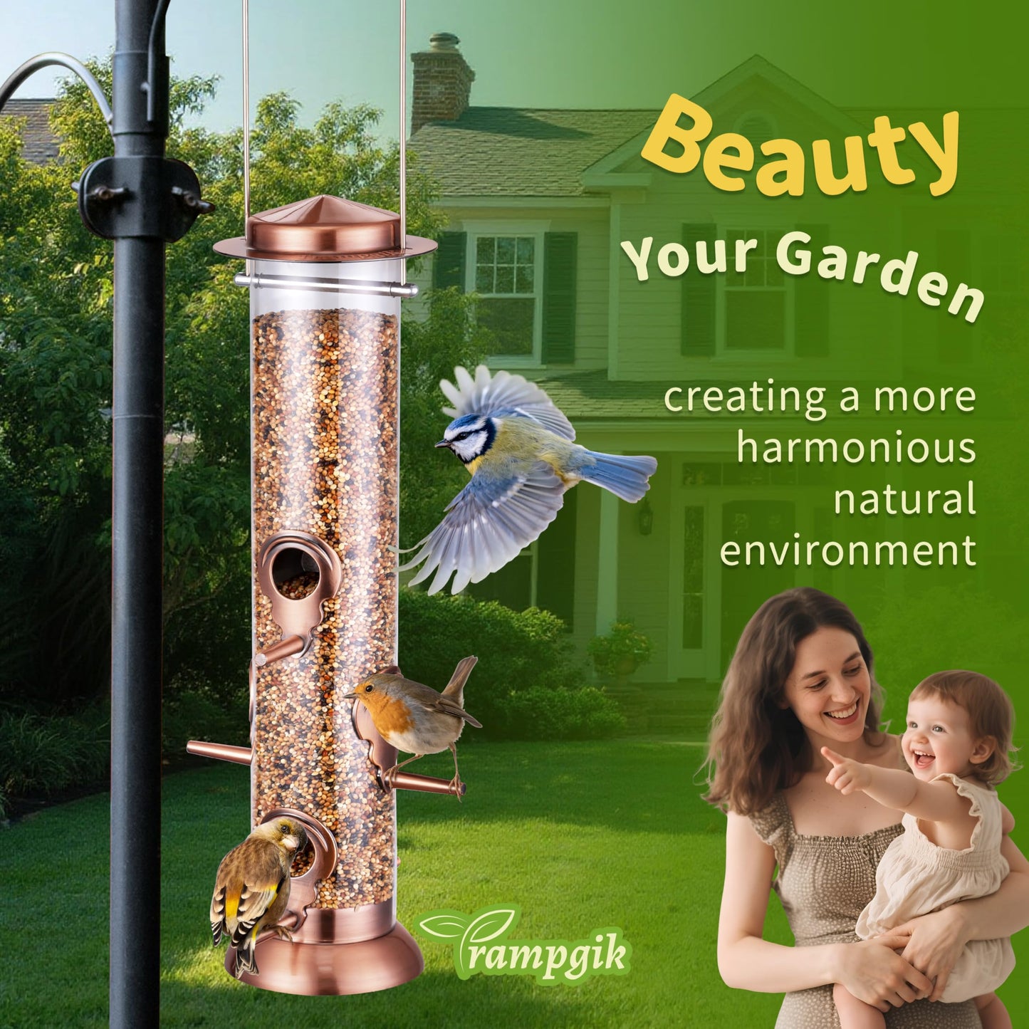 TrampgiK Bird Feeders for Outdoors,13 Inch 6 Ports Squirrel Proof Bird Feefers,Finch Feeder for Outside,Chew-Proof Metal Hanging Bird Feeder,Rust-Proof,Easy to Refill & Clean,Copper,Pack of 1
