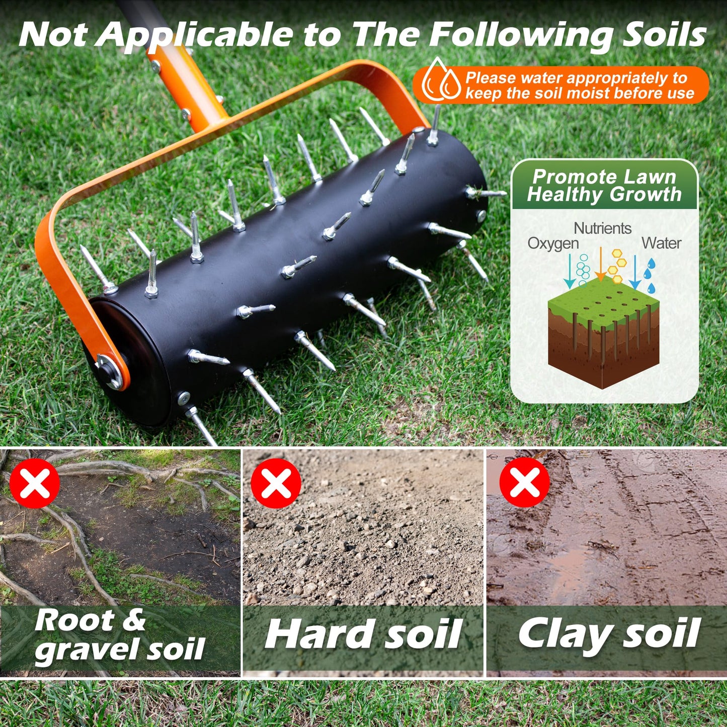 Walensee Rolling Lawn Aerator, Heavy Duty Manual Aerator Tool with 42 Spikes, Lawn Spike Aerator Roller with 71" Adjustable Handle, Soil Penetrator Push Lawn Aeration for Garden Yard Patio