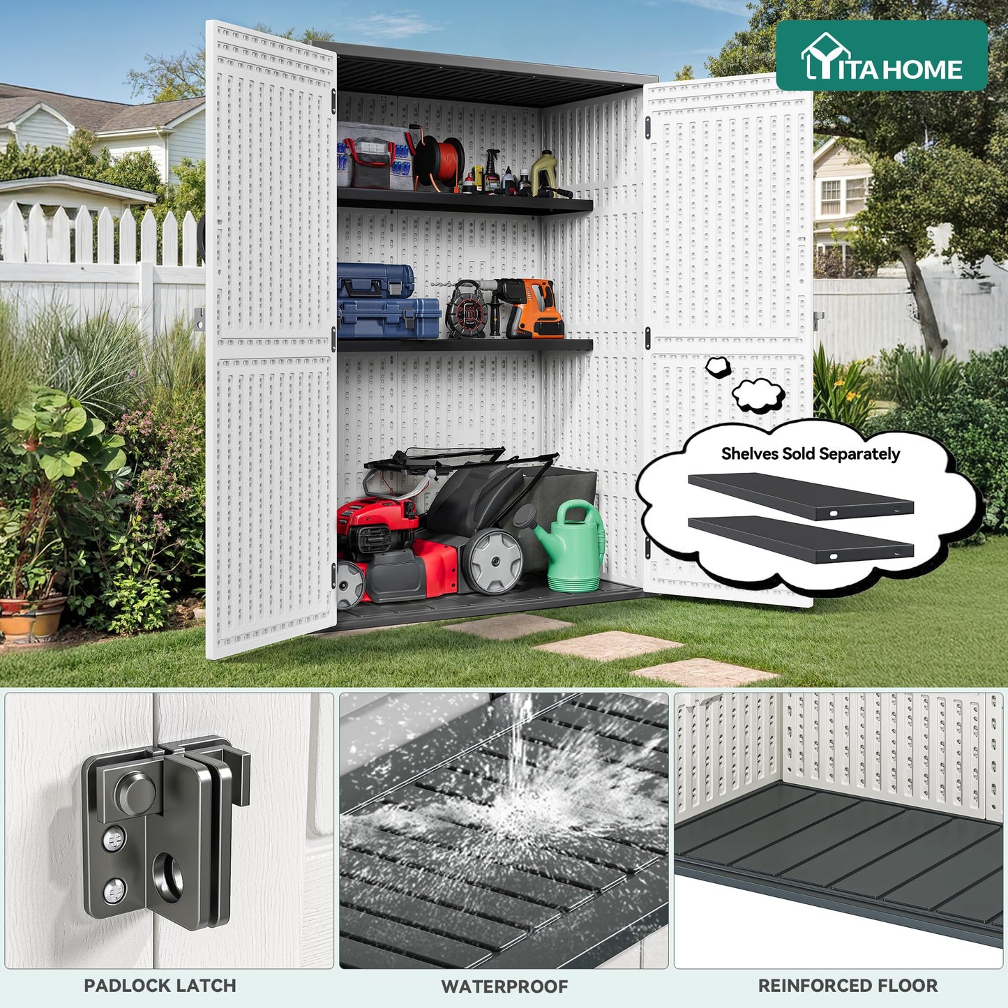 YITAHOME 59 Cuft Outdoor Tall Storage Shed, Waterproof Vertical Resin Shed for Garden, Garage, Patio, Lockable Tool Storage, No Shelves Included, Light Gray