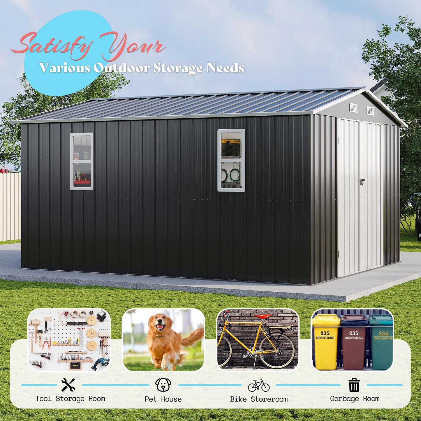 AMERLIFE 10x12x6.6 FT Metal Storage Shed, Outdoor Tool Shed with 2 DIY Windows, Hinged Double Doors and Vents, Reinforced Steel Frame for Backyard, Garden, DIY Workshop, Dark Grey
