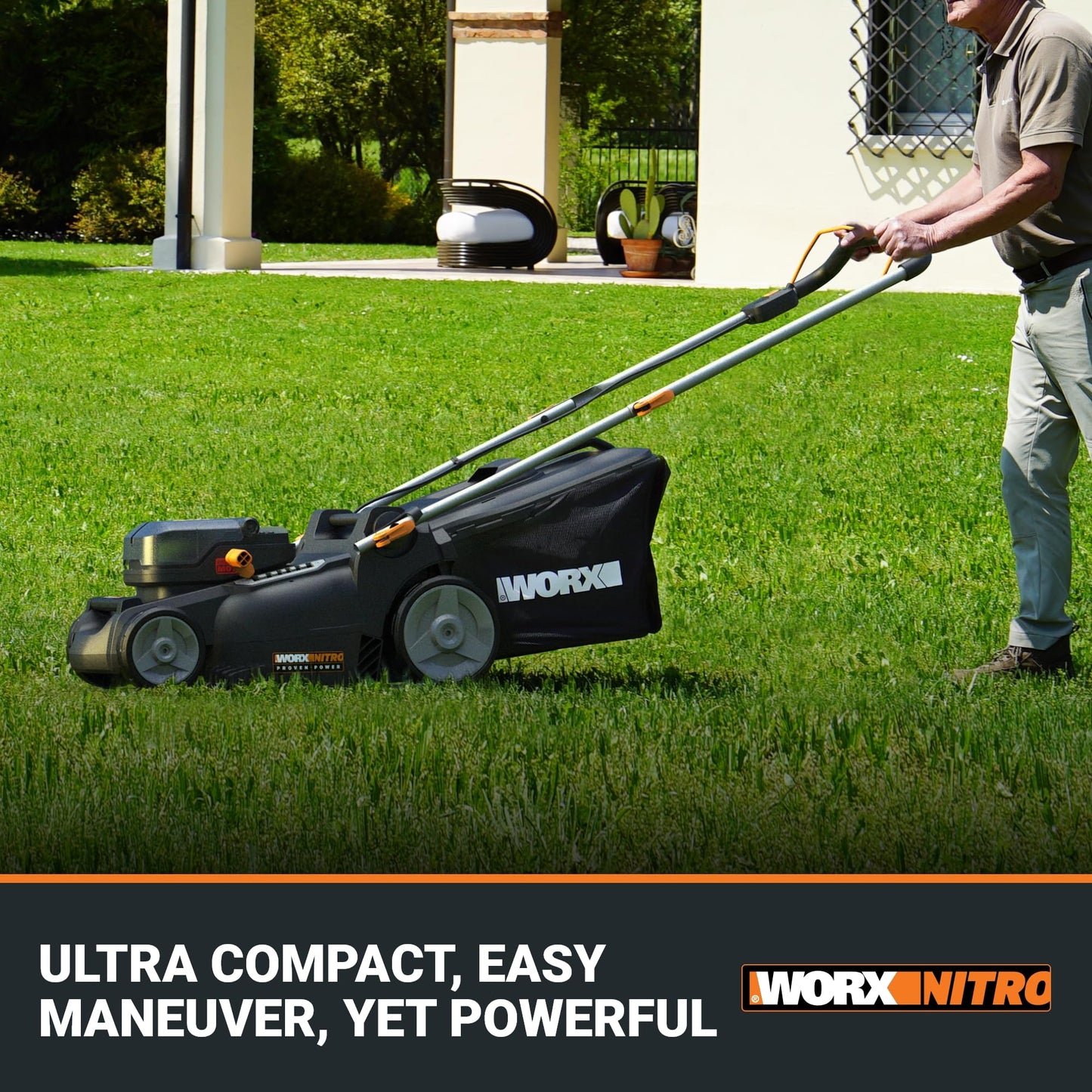 WORX Nitro 16" Cordless Lawn Mower, 2 in 1 Electric Mower with with Brushless Motor, Lightweight Push Lawn Mower for 1/4 Acre, 2 Batteries & Charger Included, WG737