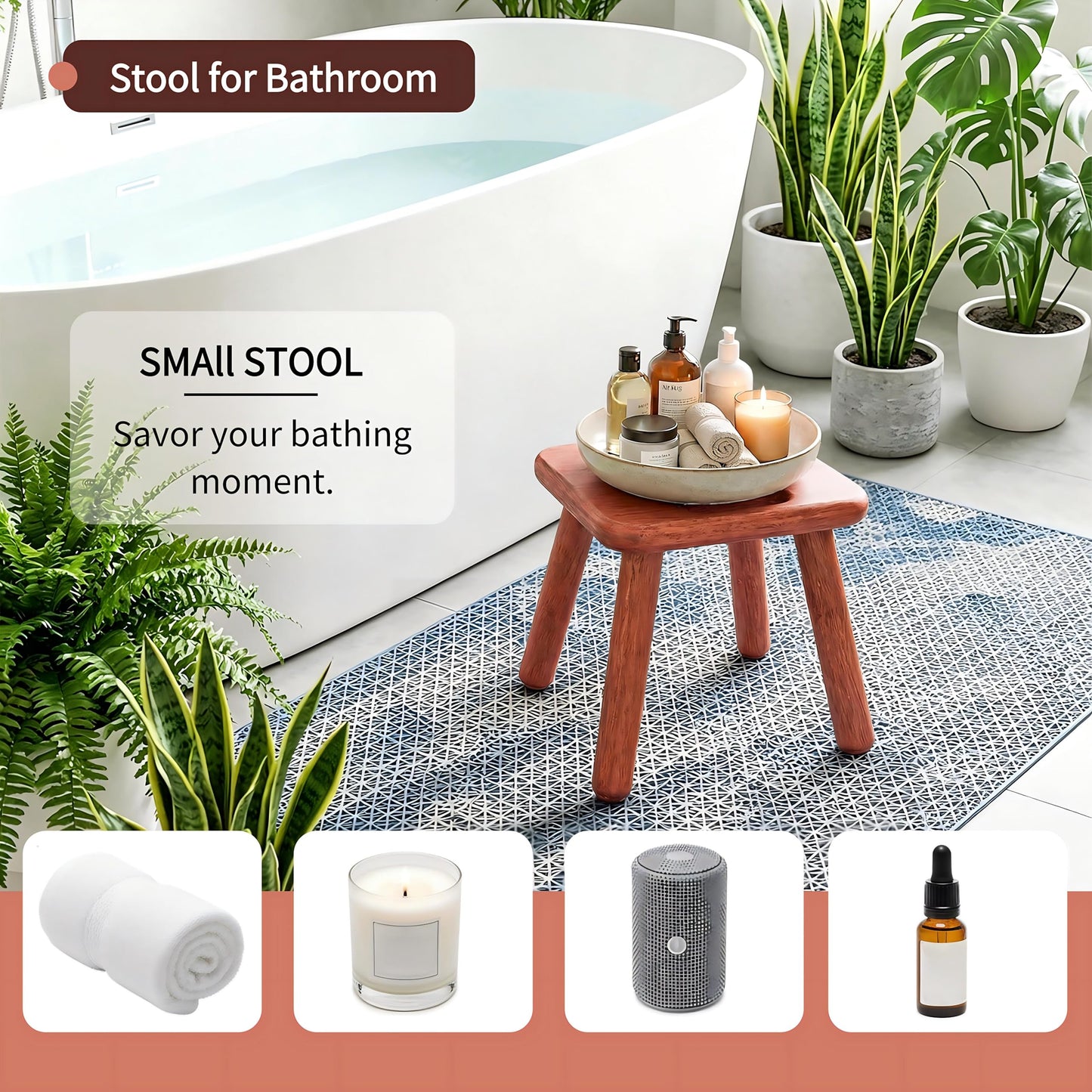 Mezchi 9'' Small Wooden Step Stool with Handle, Non-Slip One Step Stool, Square Portable Footstool, Solid Wood Sitting Stool for Plant, Adult, Kids, Bathroom, Bedroom, Walnut Color
