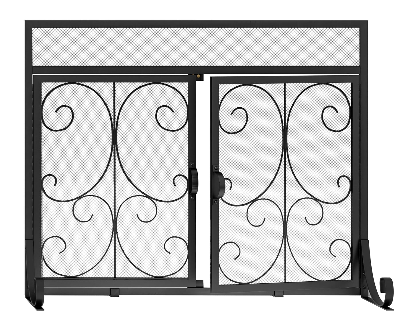 Calidola Large Flat Fireplace Screen with Doors, Wrought Iron Frame with Metal Mesh, Flat Panel Decorative Fireplace Screen with Scroll Design, Free Standing Spark Guard,Black