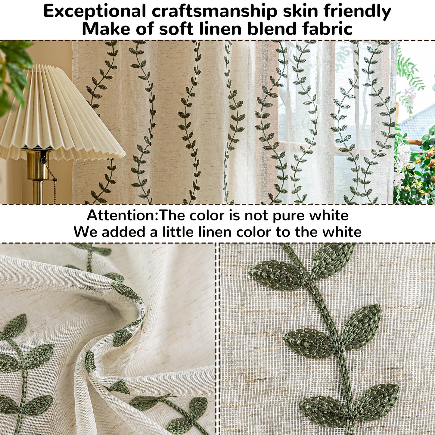 AmHoo 2 Panels Linen Leaf String Floral Embroidered Semi Sheer Curtain Farmhouse Voile Curtains for Living Room Bedroom Window Treatment Sage Green 52 x 63 Inch