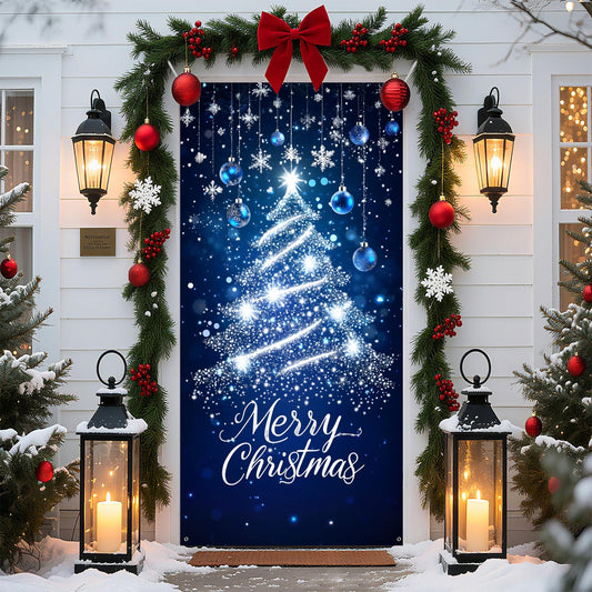 Christmas Door Cover Xmas Banner, 70.8 x 35.4 inch Hanging Front Door Cover Christmas Decor Backdrop Santa Background for Home Winter Holiday, Blue Christmas tree