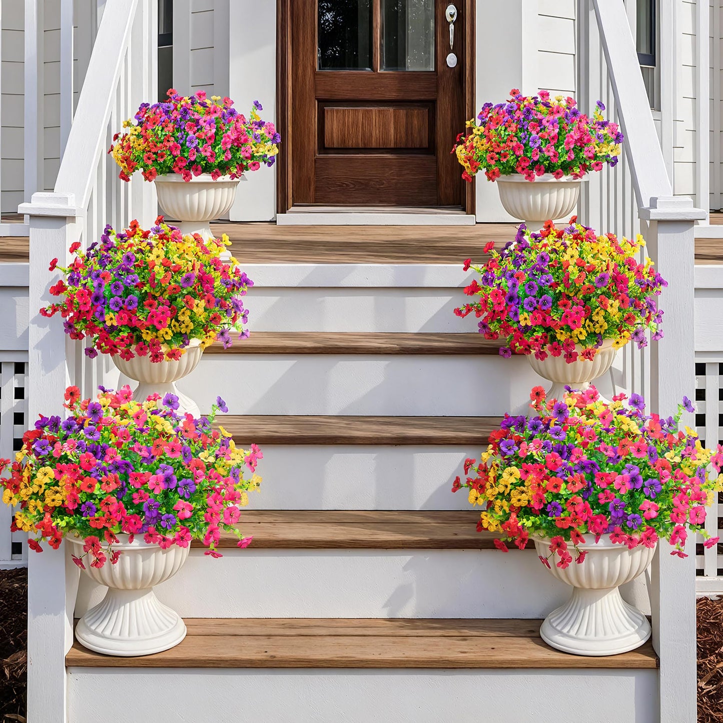 16 Bundles Artificial Fake Flowers Plants for Outdoors Spring Summer Decor,Faux Flowers Plant Silk Daisy UV Resistant for Outside Planters Front Porch Patio Yard Garden Home(Red,Purple,Yellow,Fuchsia)