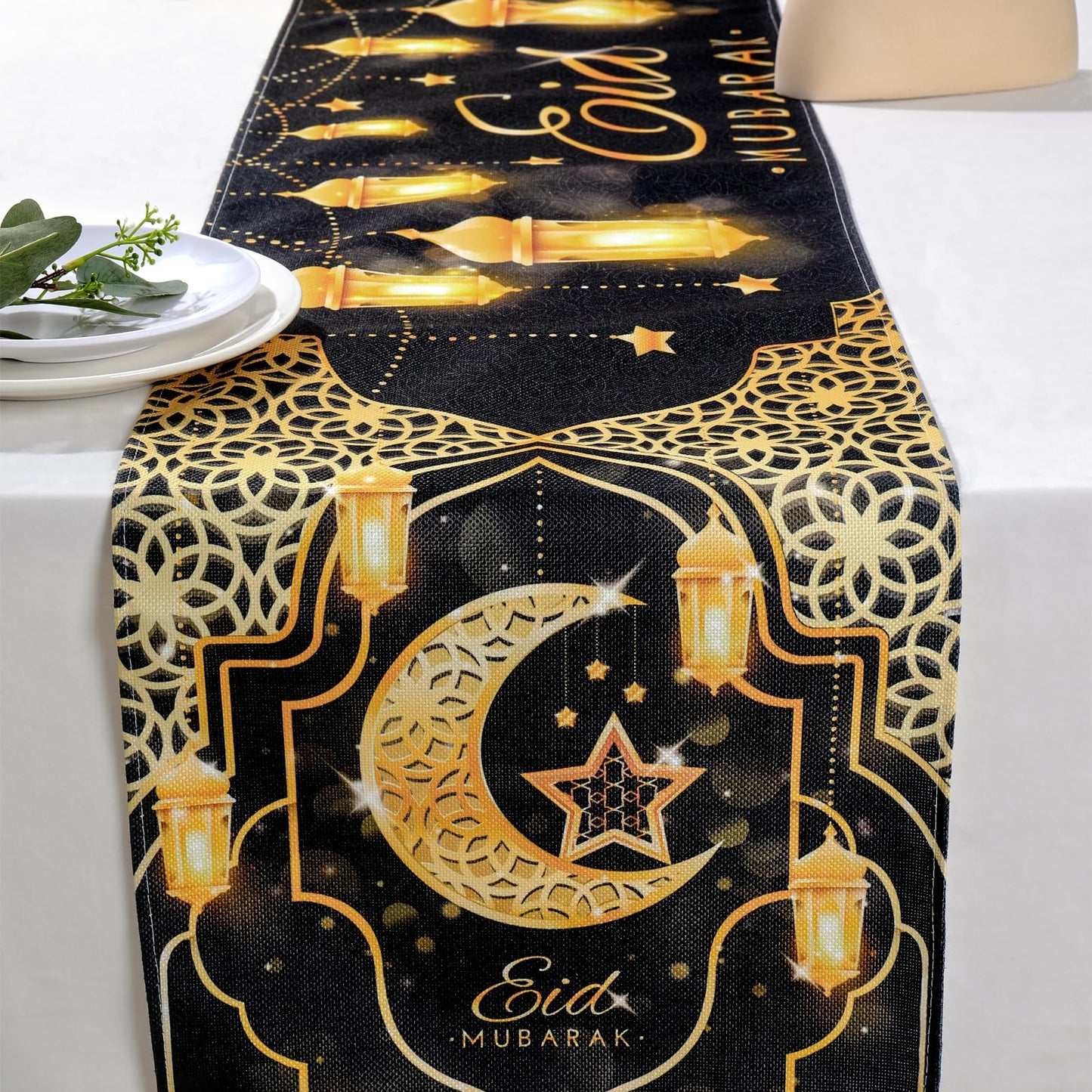 Fengrise Eid Mubarak Table Runner - Black Gold Ramadan Kareem Decorations for Home 2026, Star Moon and Lantern Pattern, Eid Al-Fitr Table Cloth,Islamic Decorations Supplies for Kitchen Indoor (13x72)