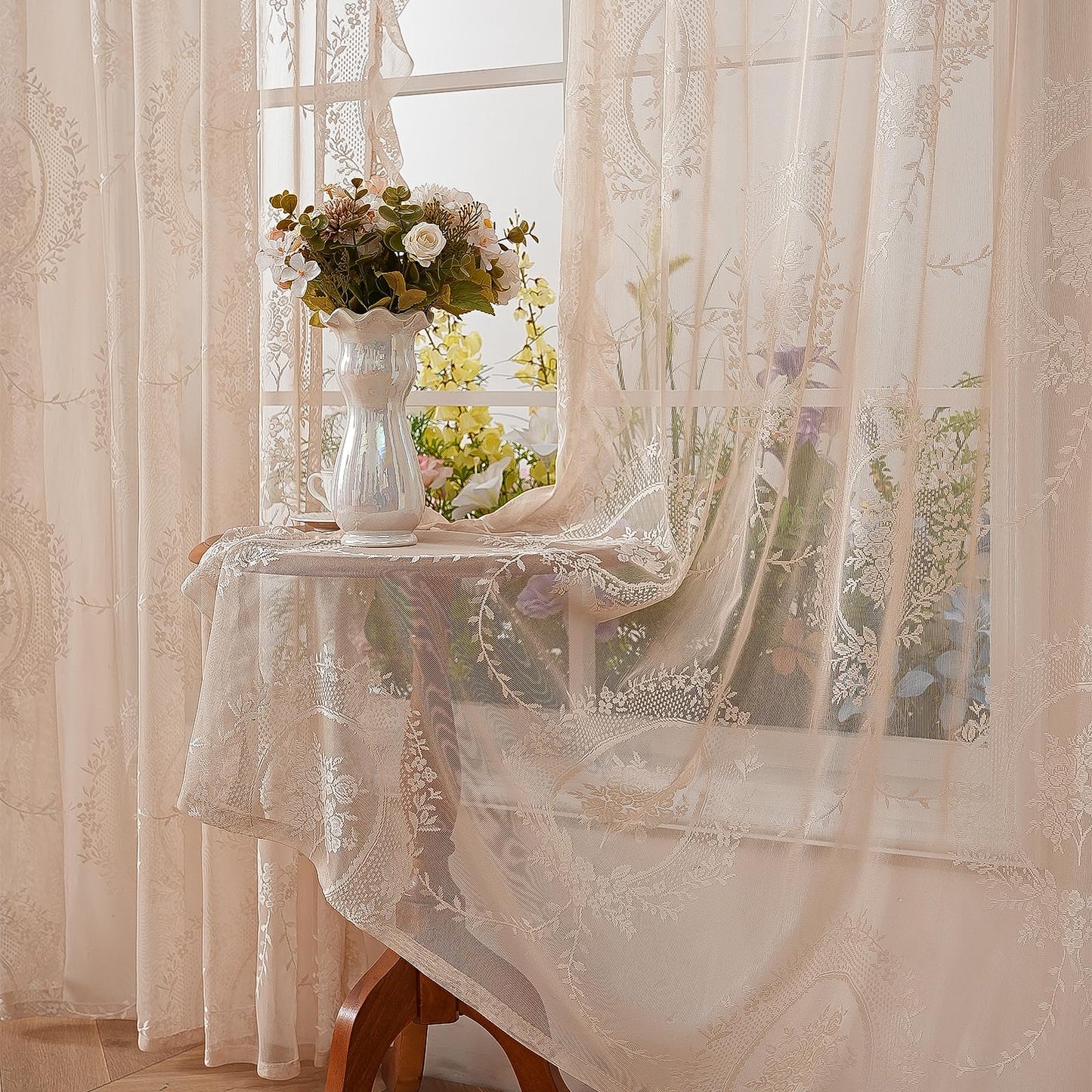 LOHUT Beige Lace Curtains for Bedroom 2 Panels Set Cute Vintage Curtains Sheer Floral Embroidery,52W*63L