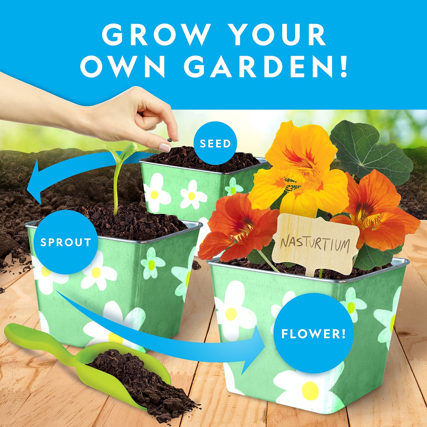 National Geographic Flower & Herb Gardening Kit for Kids - Kids Gardening Set with 3 Stainless Steel Pots, Paint & Stickers, Outdoor Toys, Craft Kits, Plant Growing Kit, Easter Basket Stuffers