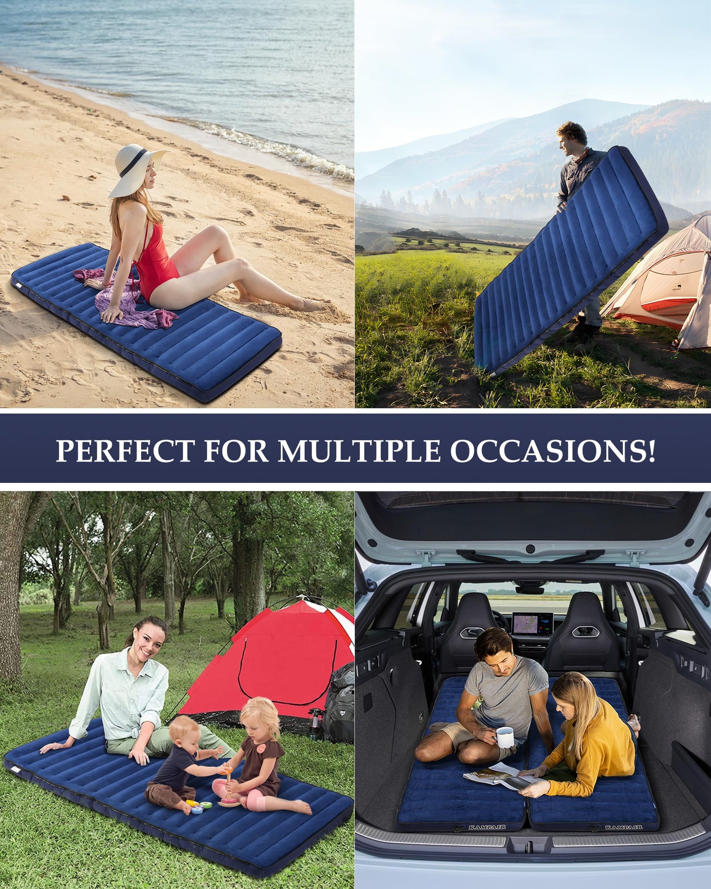 Kampair Inflatable Sleeping Pad for Camping, Extra-Thick 4.75" Single Air Mattress with Soft Velvet Top, Machine Washable, Family Lightweight 4-Season Pad for Traveling & Hiking, Blue