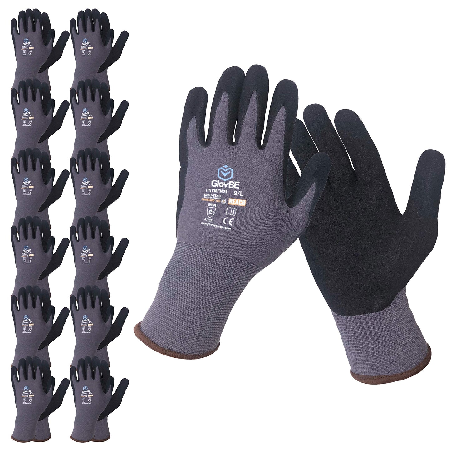 GlovBE 12 Pairs Nylon Work Gloves, Nitrile Micro Foam Slip Resistant Coating on Palm, Smart Touch, Grey (Extra Large)