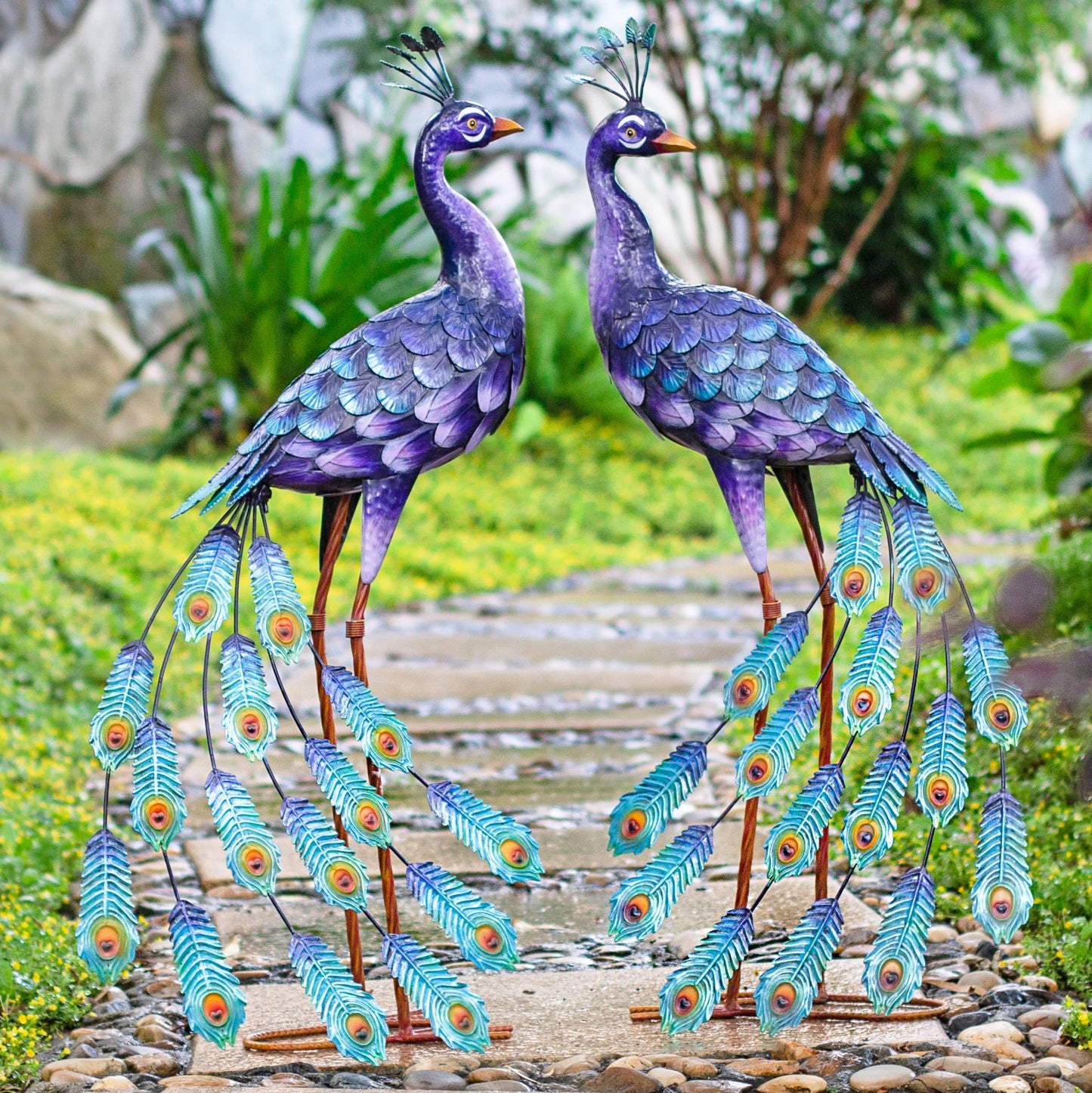 Kircust Purples Peacock Garden Statue and Sculpture, Metal Peacocks Yard Art Lawn Decor, Large Birds Garden Sculptures & Statues for Patio Backyard Pond Home Decoration