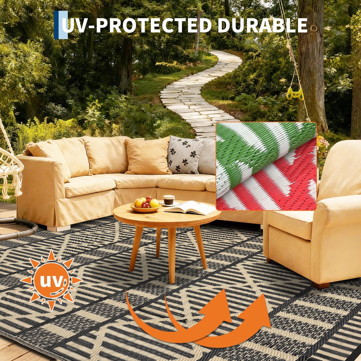 IDEALHOUSE 9x18 Ft Outdoor Rug 320GSM PP Woven Double Sided Same Pattern Waterproof Geometric Patio Mat for Backyard Deck Porch Camping Picnic Beach, Black Coffee