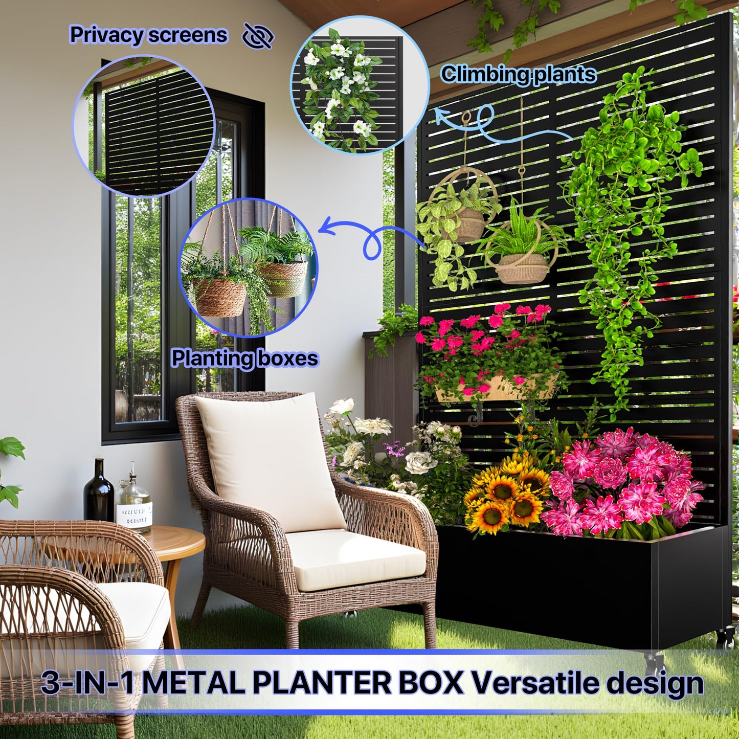 GTSABWAY Metal Planter Box with Trellis,72"x47"x16"Galvanized Steel Outdoor Raised Garden Bed with Privacy Screen,with Drainage Holes & Lockable Casters for Climbing Plants,Vegetables,and Vines(BYC)