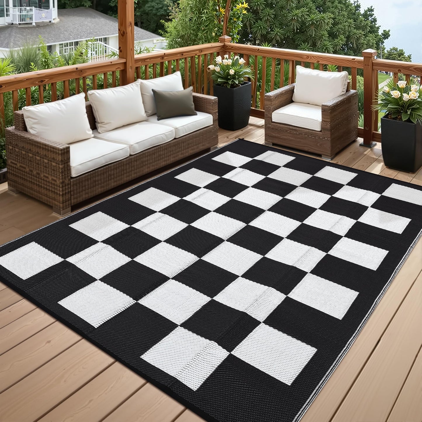 Jojoka Large Waterproof Outdoor Rug, Reversible Plastic Straw Mat, Modern Checkered Plaid Carpet, UV-Resistant & Collapsible for Patio Deck Camping, Easy Clean Outdoor Area Rug