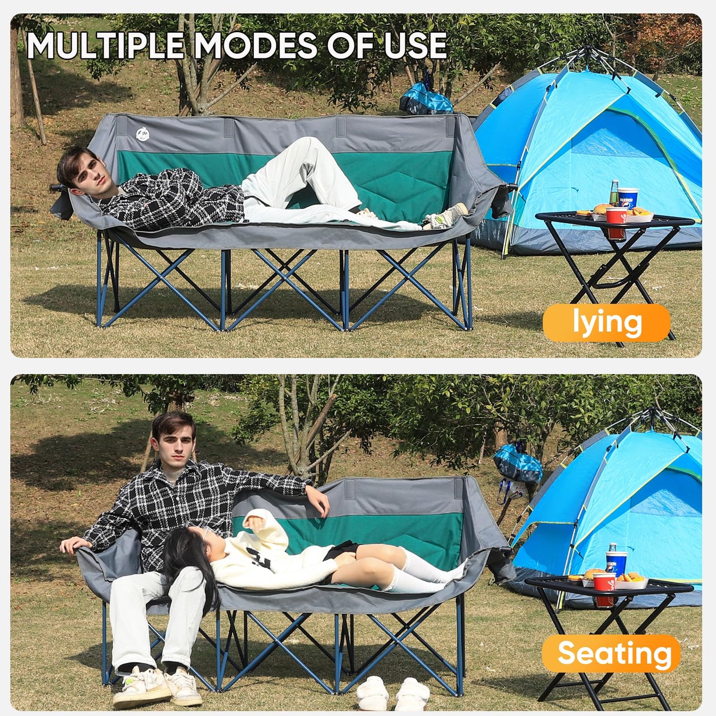 Northroad 3 Person Camping Chair Oversized 900 Lbs Outdoor Lawn Loveseat Chair Padded Folding Chairs for Adults Heavy Duty Soccer Chair w/Cup & Wine Glass Holder for Outside Picnic, Beach, Sports