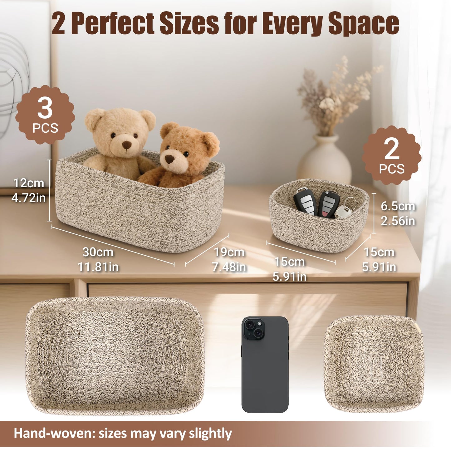 VIRETH HAUS 5-Pack Small Woven Rope Storage Baskets – 2 Sizes Organizer Bins for Closet, Shelf, Bookshelf, Nursery, Changing Table, Fabric Cube Boxes, Rectangular Shallow Bins for Bathroom, Toy & Home
