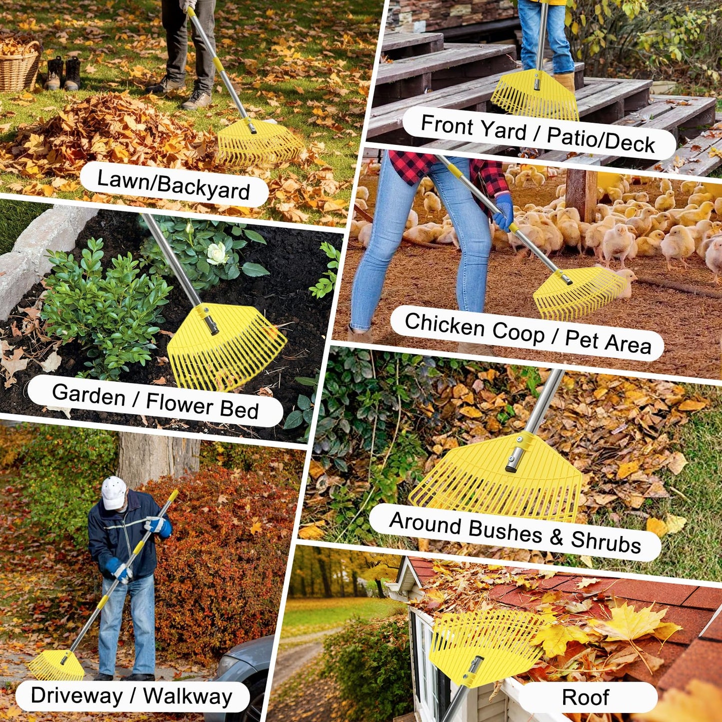 Lightweight Leaf Rake for Lawns - Anti-Break Nylon Plastic Head,Easy Yard & Garden Rake for Women,Seniors,Kids, 16.5" Wide for Leaves, Grass,Pine Needles,Gardening,Adjustable 35–65" Long Handle