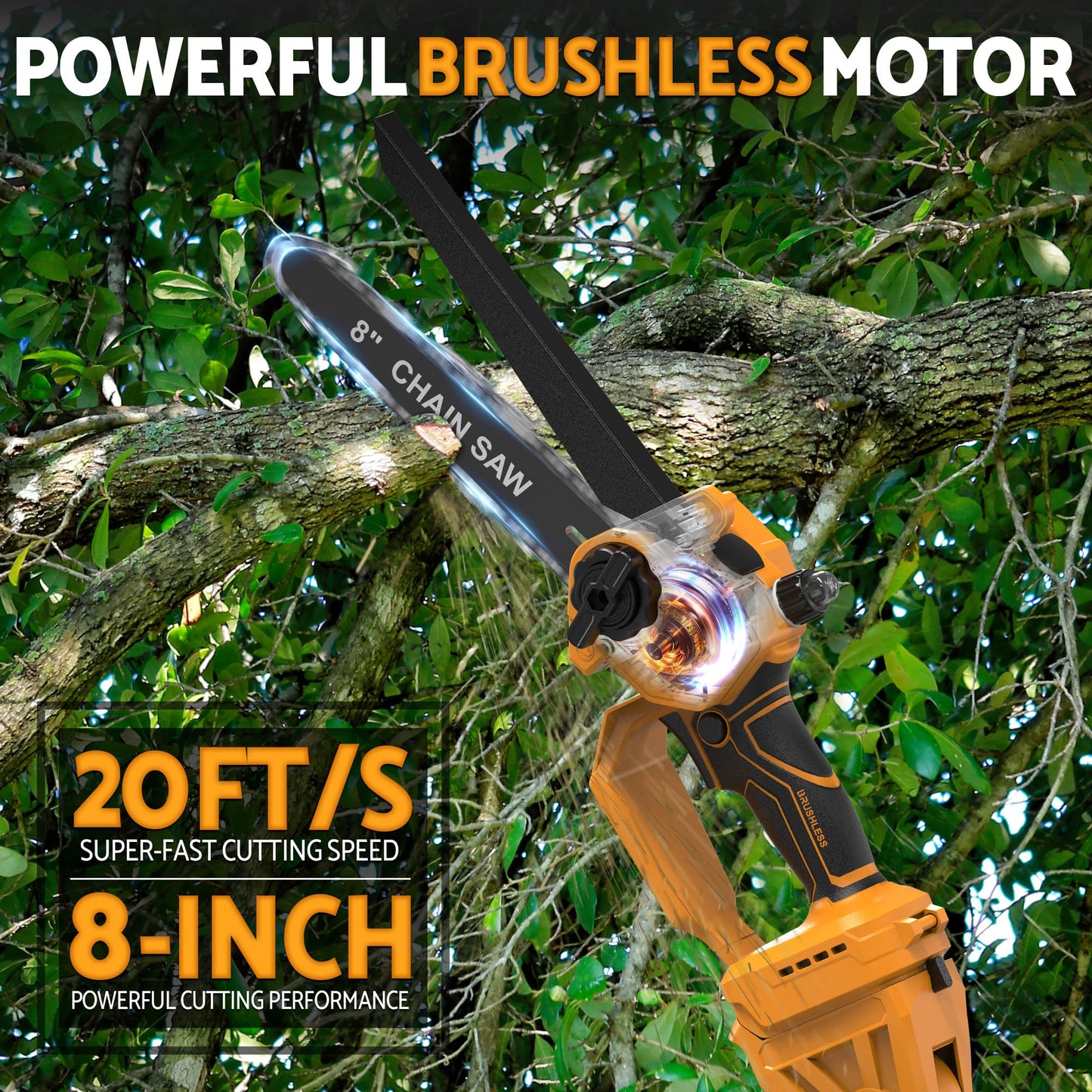 8 Inch Cordless Pole Saw Compatible with Dewalt 20V Battery, Brushless Mini Chainsaw with Extension Pole 14.2 FT Max, Pole Saws for Tree Trimming, 20 FT/S Cutting speed Auto Lubrication System