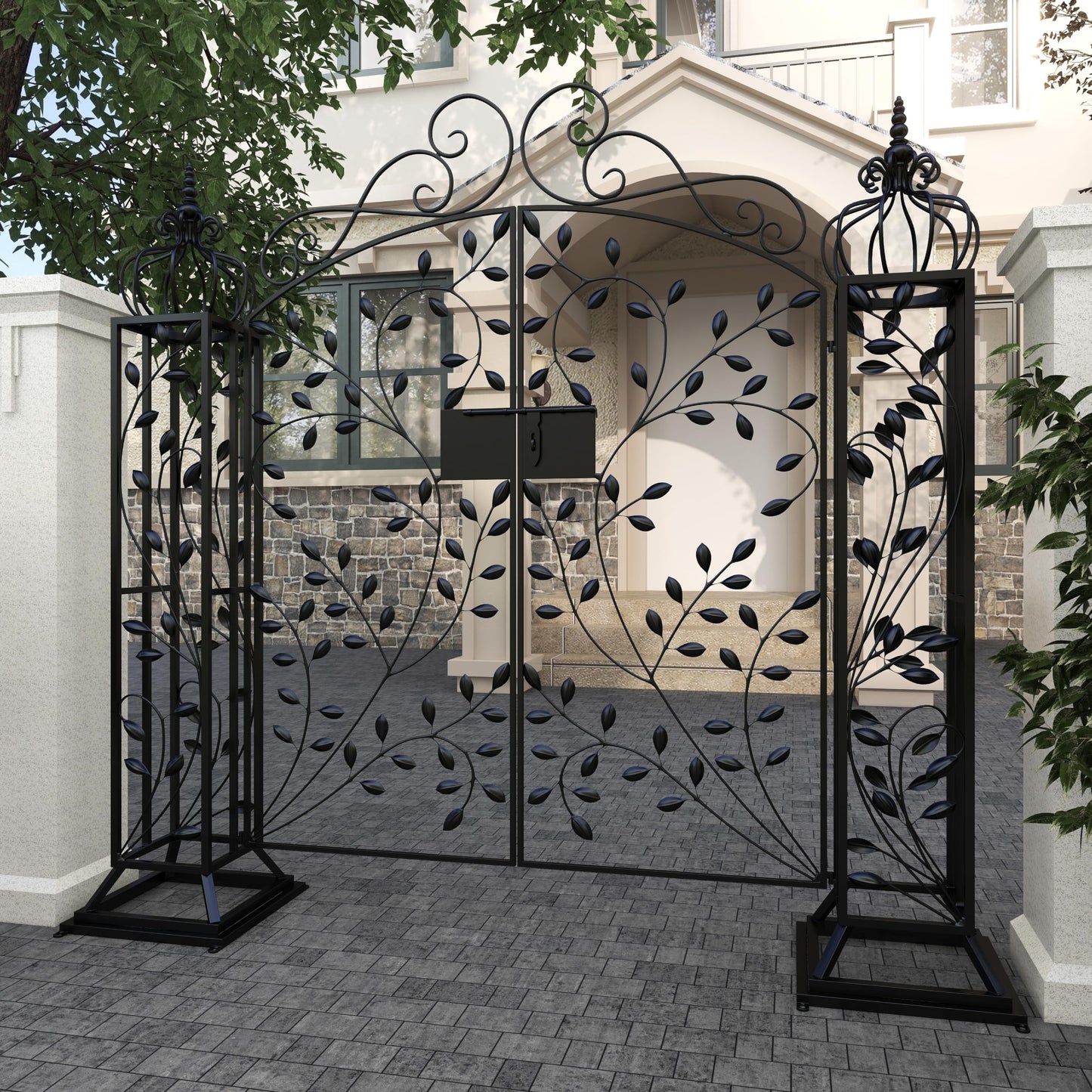 Deco 79 Metal Indoor Outdoor Scrollwork Arched Gate Garden Arbor with Vines and Latch Lock Closure, 70" x 15" x 65", Black