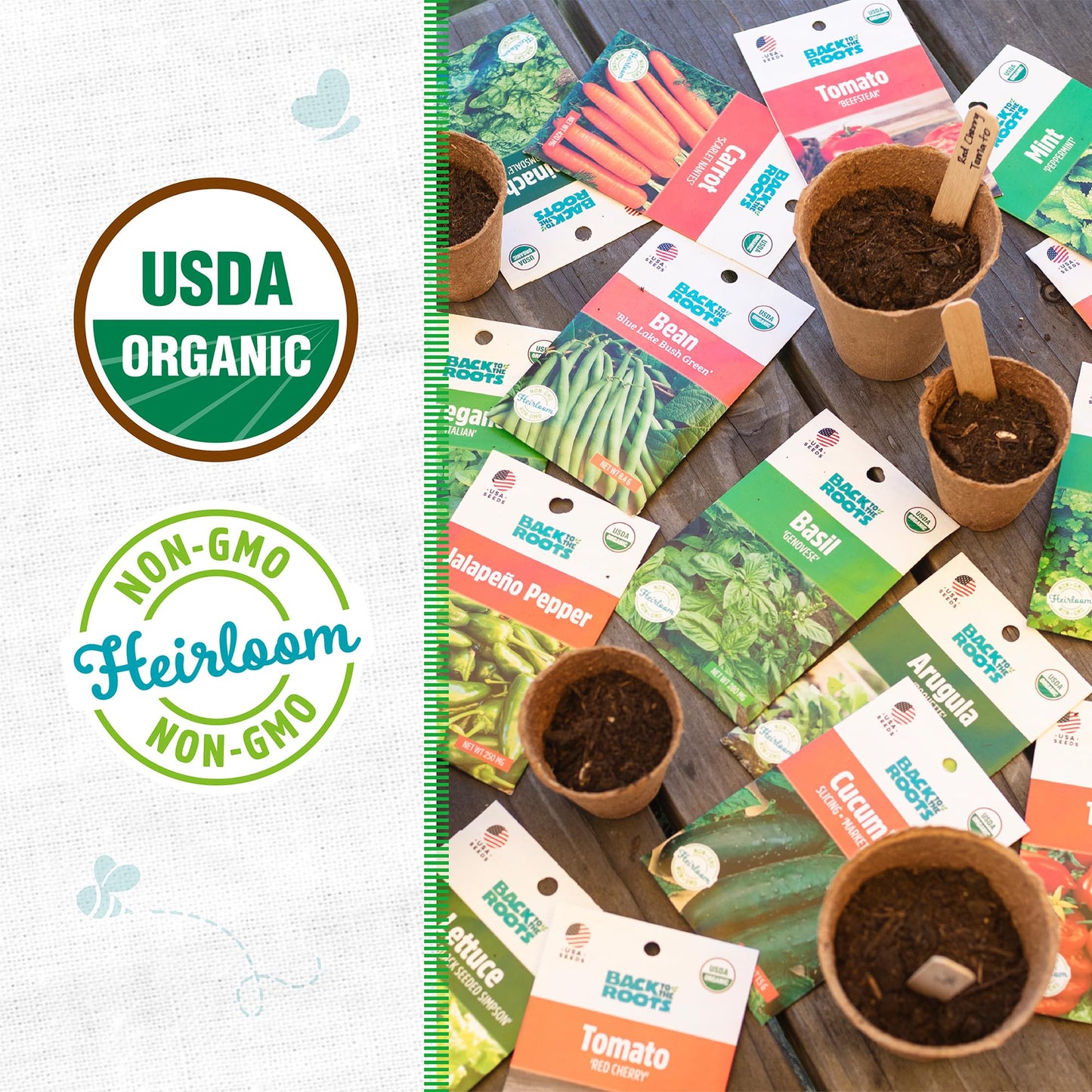 Back to the Roots Heirloom Organic, Non-GMO & USA Grown Seeds, 30ct Herb, Fruit, Flowers, and Veggies, Assortment May Vary, Guaranteed to Grow