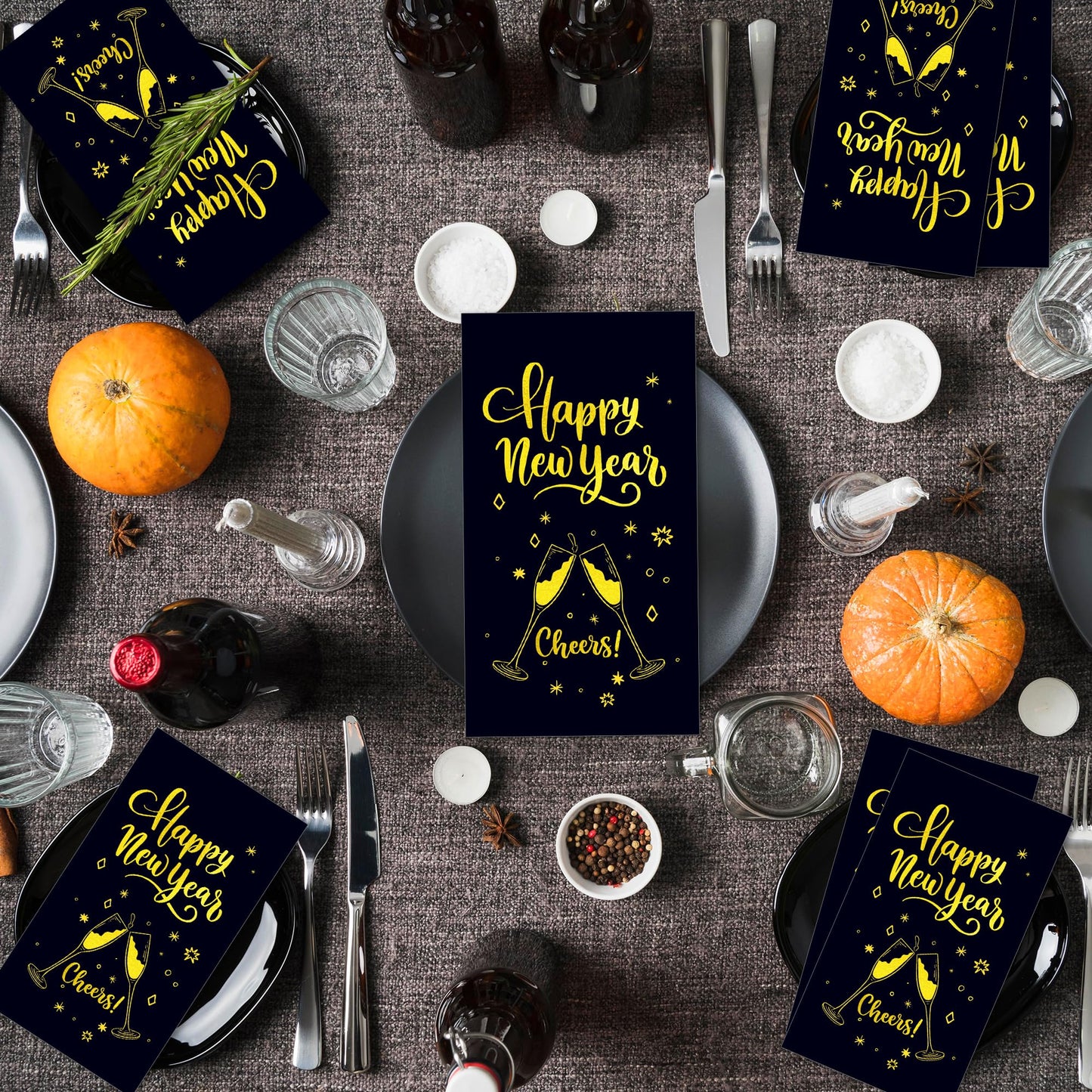 100 Pcs Happy New Year's Paper Napkins Disposable Party Napkins - Black and Gold Festive Design with "Happy New Year's" Wishes, 8x4.5 Inches for Xmas Winter Holiday Celebrations, New Years Eve Parties