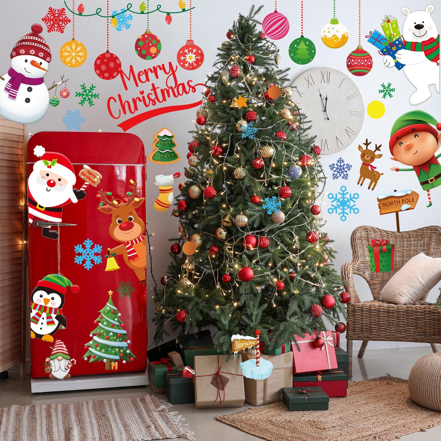 Christmas Wall Decals Stickers 142PCS Removable Merry Christmas Wall Decorations Xmas Bathroom Fireplace Decor Santa Claus Snowman Reindeer Door Decal Indoor