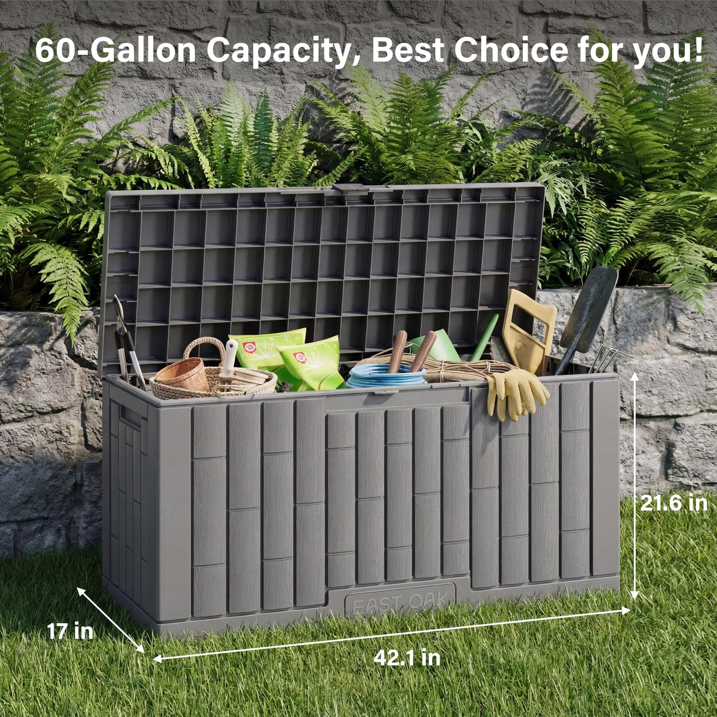 EAST OAK Outdoor Storage Box, 60 Gallon Deck Box Indoor and Outdoor Use, Waterproof Resin Storage Bin for Patio Cushions, Gardening Tools, Lockable, UV Resistant, Grey
