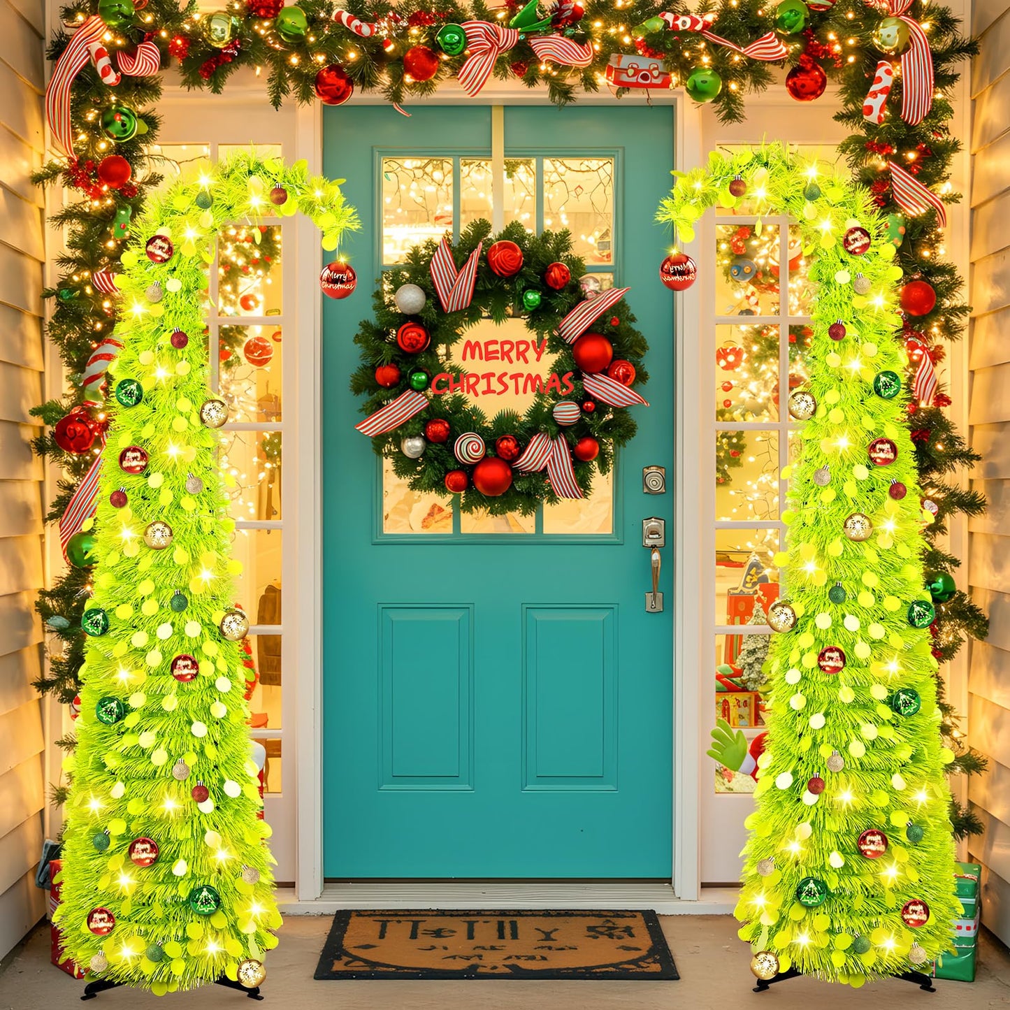 MACTING Whimsical Christmas Tree with Ball String Lights 5FT Green Pop Up Curved Tree with 15 Ball Lights & Hanging Ornaments Collapsible Tinsel Tree for Apartment Porch Indoor Xmas Halloween Decor