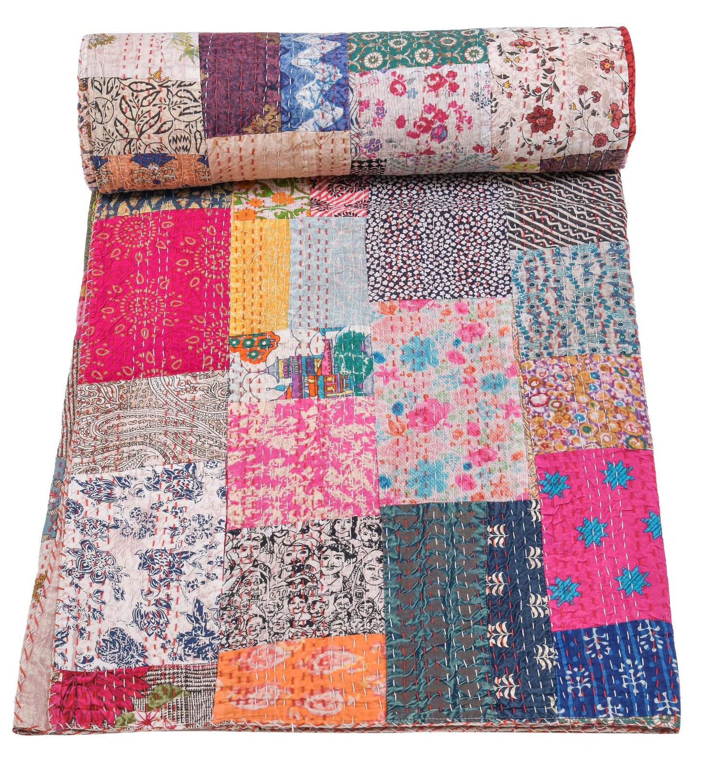 Marubhumi Indian Traditional Pure Cotton Patchwork Kantha Quilt, Paisley Print Kantha Quilt Multi Color (Multicolor-1, Twin (60"x 90"))