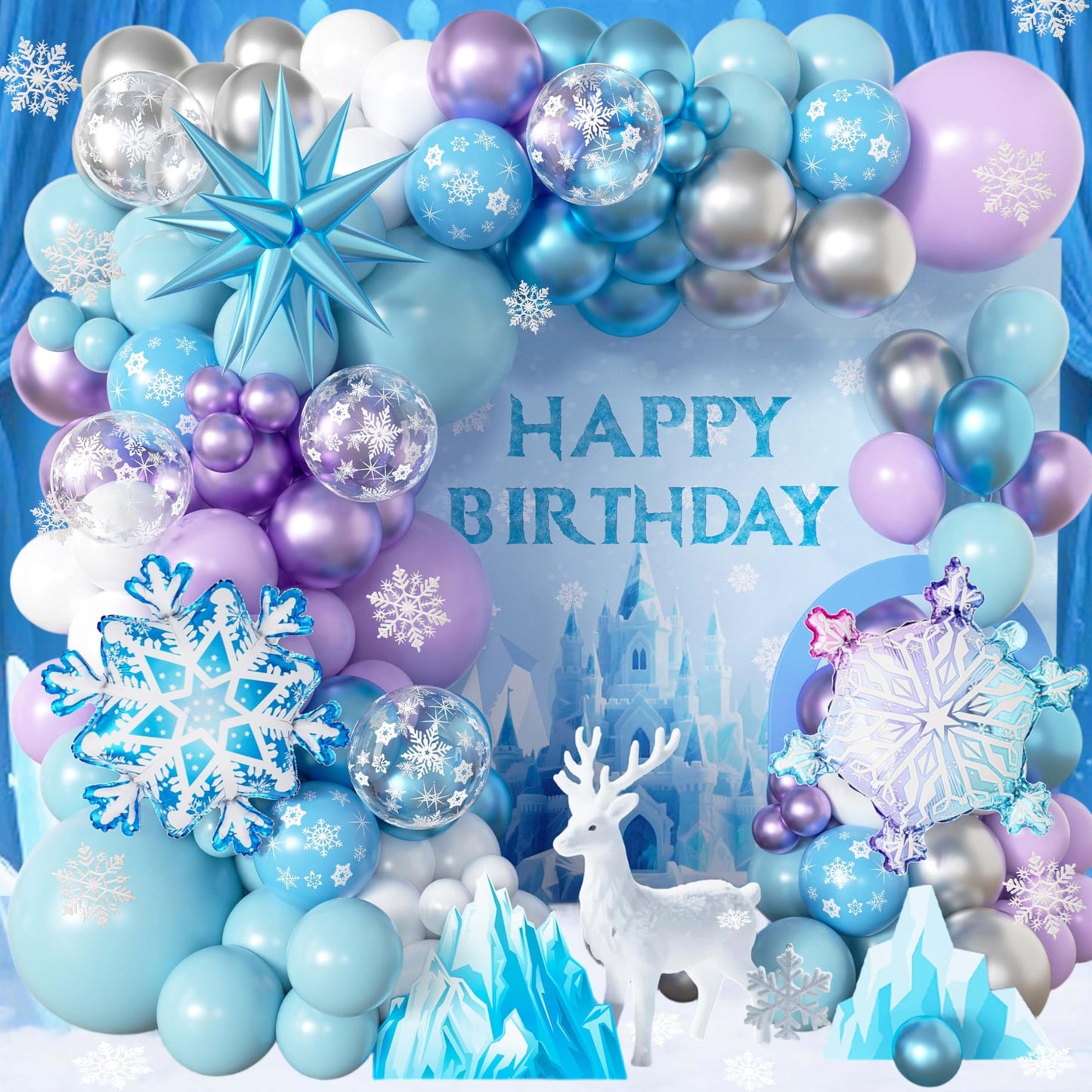103pcs Winter Wonderland Balloon Garland Arch Kit with Giant 3D Ice Crystal Star & Gradient Snowflake Foils, 18/12/10/5 Inch Metallic Blue Purple Silver Printed Latex for Girls Ice Princess Birthday