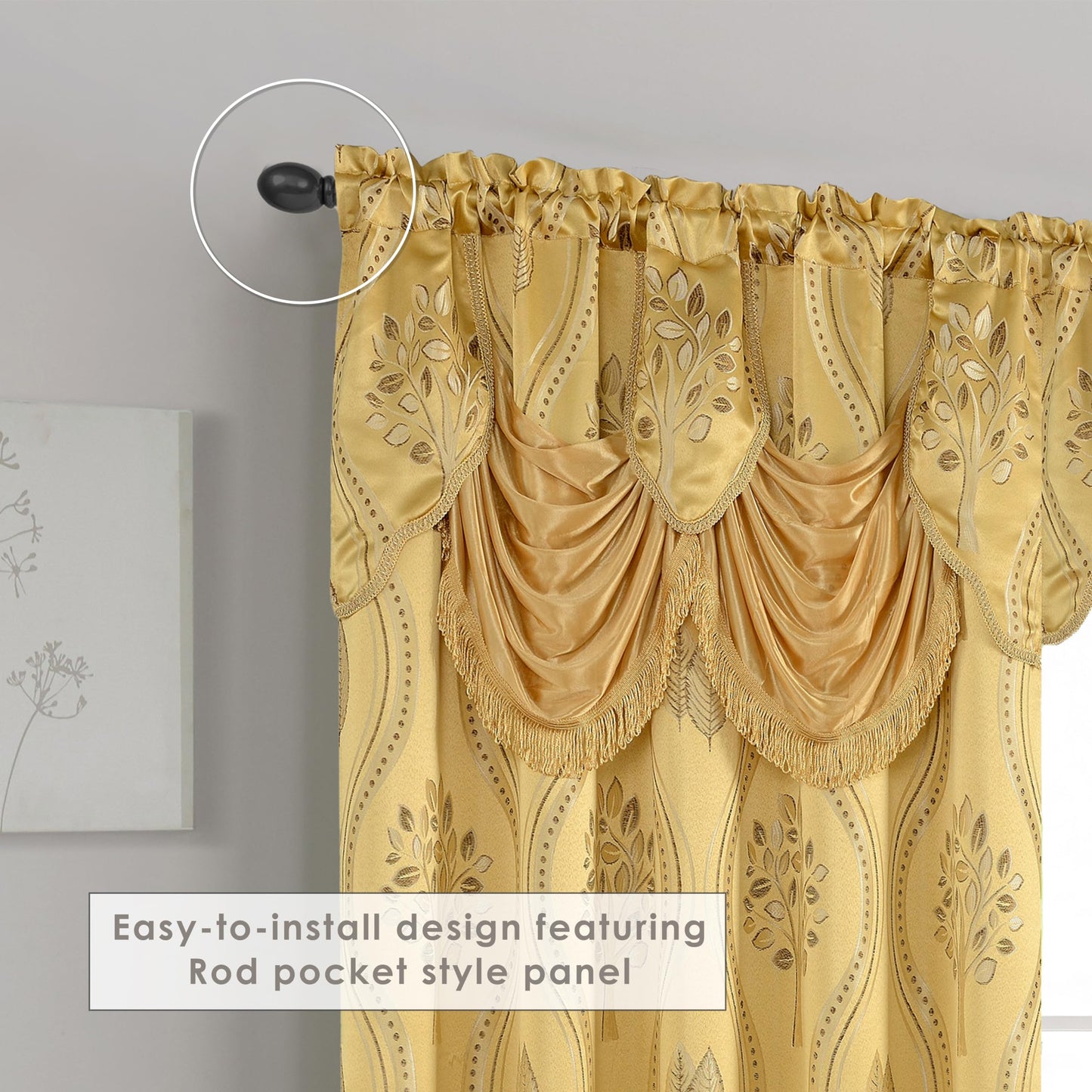 Elegant Comfort Aurora Jacquard Look Curtain Panel Set with Attached Valance 54" X 84 inch (Set of 2), Gold
