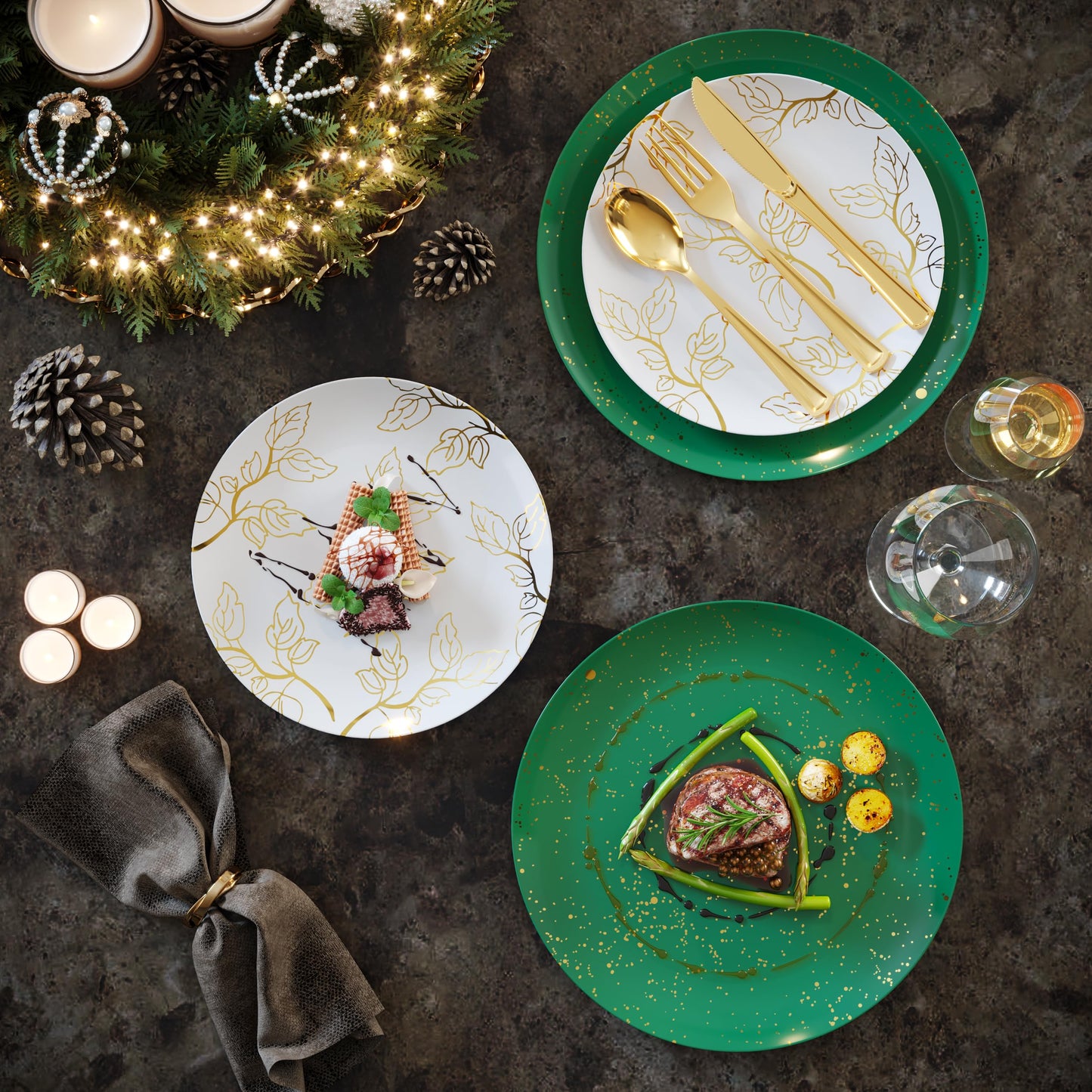 Trendables Christmas Plates Disposable 100 Pcs Christmas Dinnerware Set, Christmas Plastic Plates Set Includes: 20 10" Dinner Plates, 20 8" Dessert Plates & 20 Of Each Gold Forks, Knives & Spoons