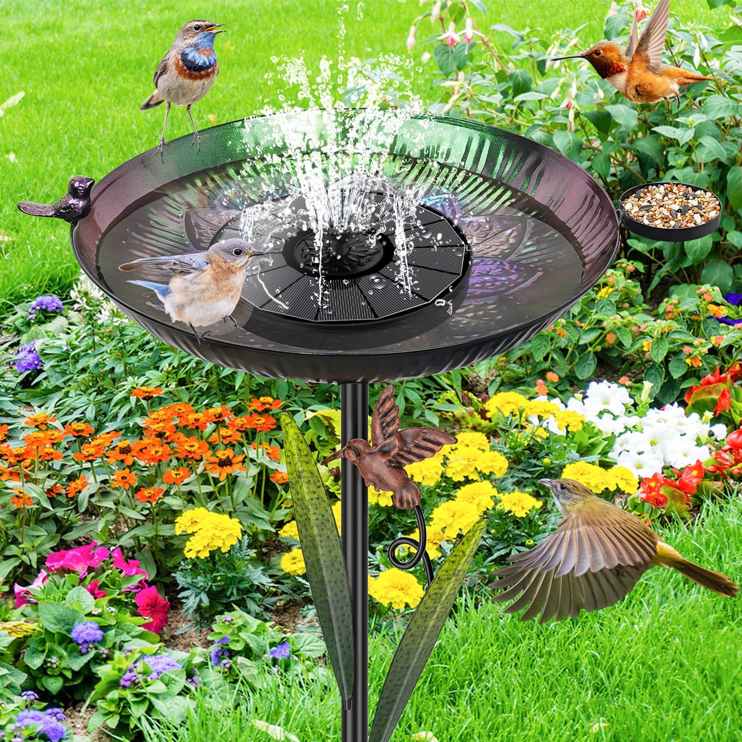 YALINKA 41.5" Metal Bird Bath for Outside, Detachable Birdbath Sturdy 5-Prong Stake Base with Bowl & Decorative Birds, Durable Iron Garden Birdbath & Feeder for Patio Wildlife Décor (Purple to Green)