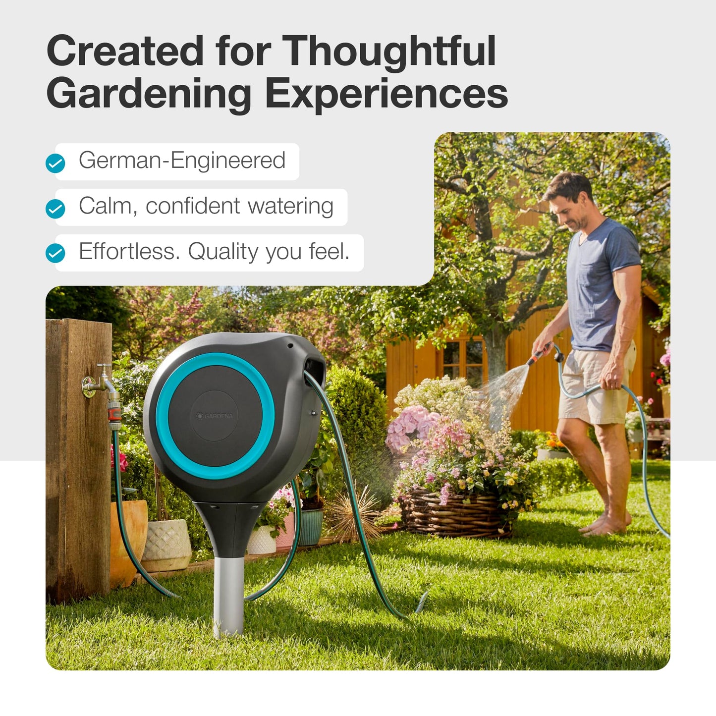 GARDENA 18614 | 66' x 1/2" Automatic Retractable Garden Hose Reel on Metal Spike, Outside Garden Hose with 360° swivel. No Holes in your house, Easy Installation, No Tools Required