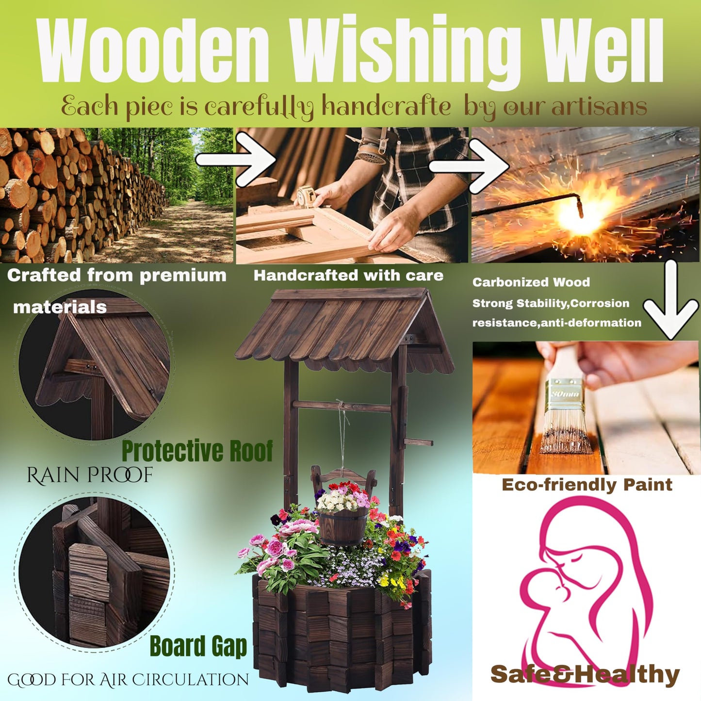 NestNature 21.75" Carbonized Wooden Wishing Well Planter for Outside, Rustic Outdoor Wishing Well with 4 Reinforced Rods & Hanging Bucket, Decorative Well Cover for Yard Garden Patio Lawn Backyard