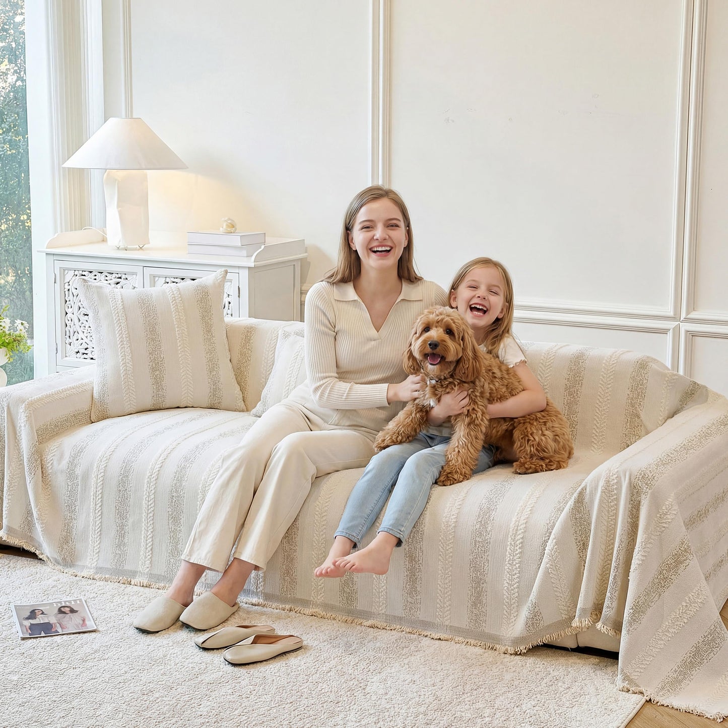 Fuyulacom Couch Cover for Dogs Washable Sofa Cover, Sectional Couch Covers, Sofa Covers for 2 Cushion Couch, Non Slip Stripe Sofa Slipcovers Furniture Protector (Beige, 71x102)