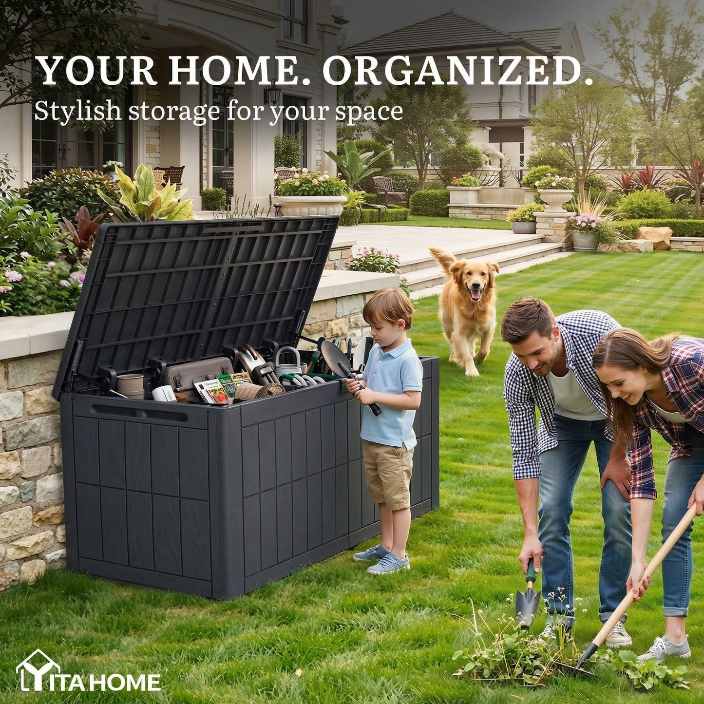 YITAHOME 134 Gallon Large Deck Box, Waterproof Resin Outdoor Storage Box with Lock, Doubles as 2-Person Bench Seating for Patio Furniture Cushions,Garden Tools & Pool Accessories, Dark Gray