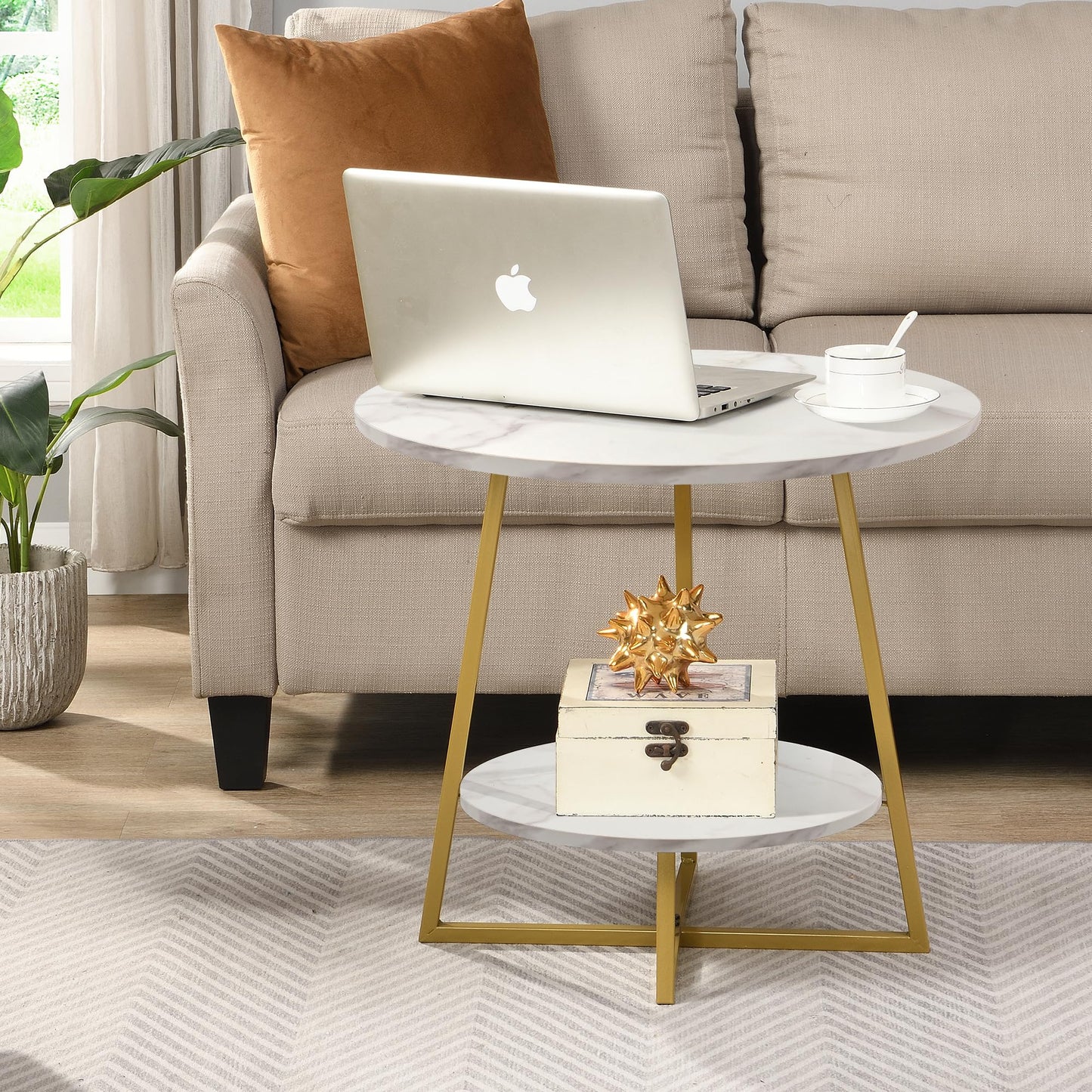 D&H FURNIMMT 20" Living Room Side Table for Small Spaces, 2 Tier Wood Top Round End Tables with Storage Shelf, Accent Sofa Table for Bedroom, Office, Sunroom, Balcony, White Faux Marble/Gold