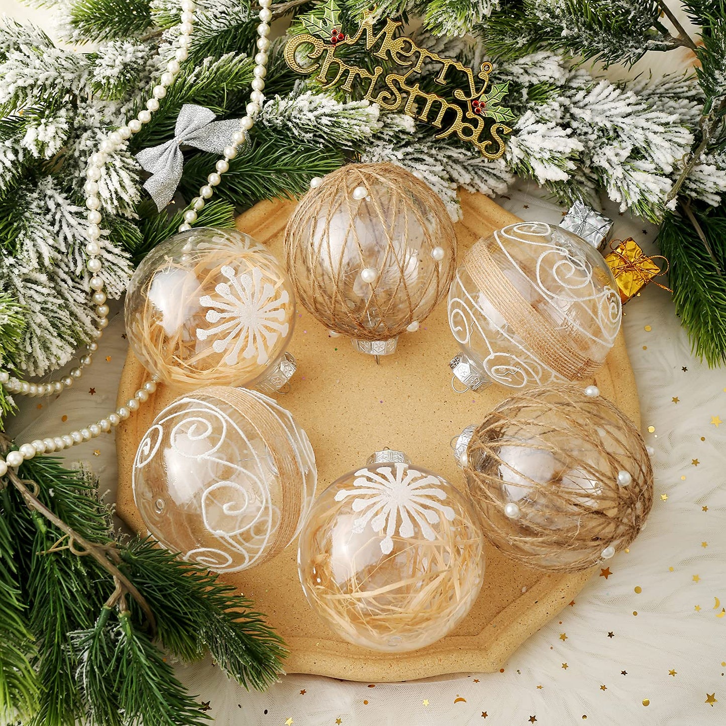 XmasExp Christmas Ball Ornaments Set, Farmhouse Shatterproof Christmastree Decorations,6ct Large Plastic Hanging Ornaments,100mm/4,Neutral