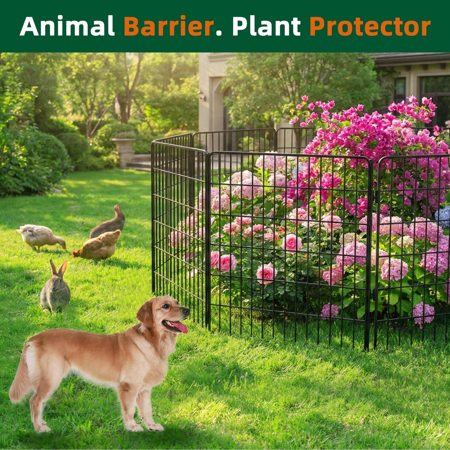 RYDIZA [3-PLY] No Dig Garden Fence Animal Barrier with Gate, 32 in (H) x23.6ft (L), 10 Panels Metal Dog Fence Outdoor for Yard, Decorative Temporary Fence Tall Garden Fencing for Dogs Outside