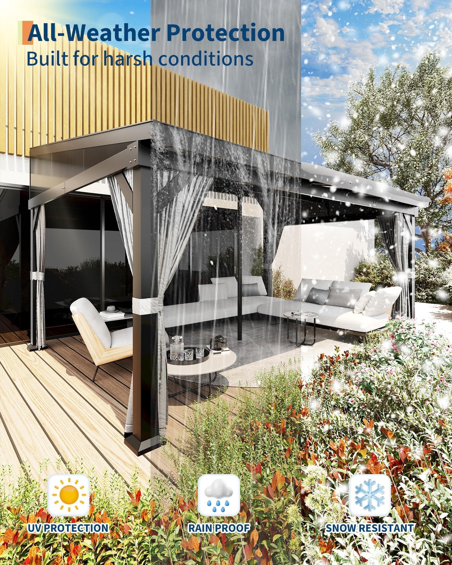 10X14 ft Wall Mounted Lean to Gazebo with Gutters System & Sliding Netting, Aluminum Frame, Connectable Wall Mounted Gazebo Pergola with Sloping Galvanized Steel Roof for Patio, Garden, Grey
