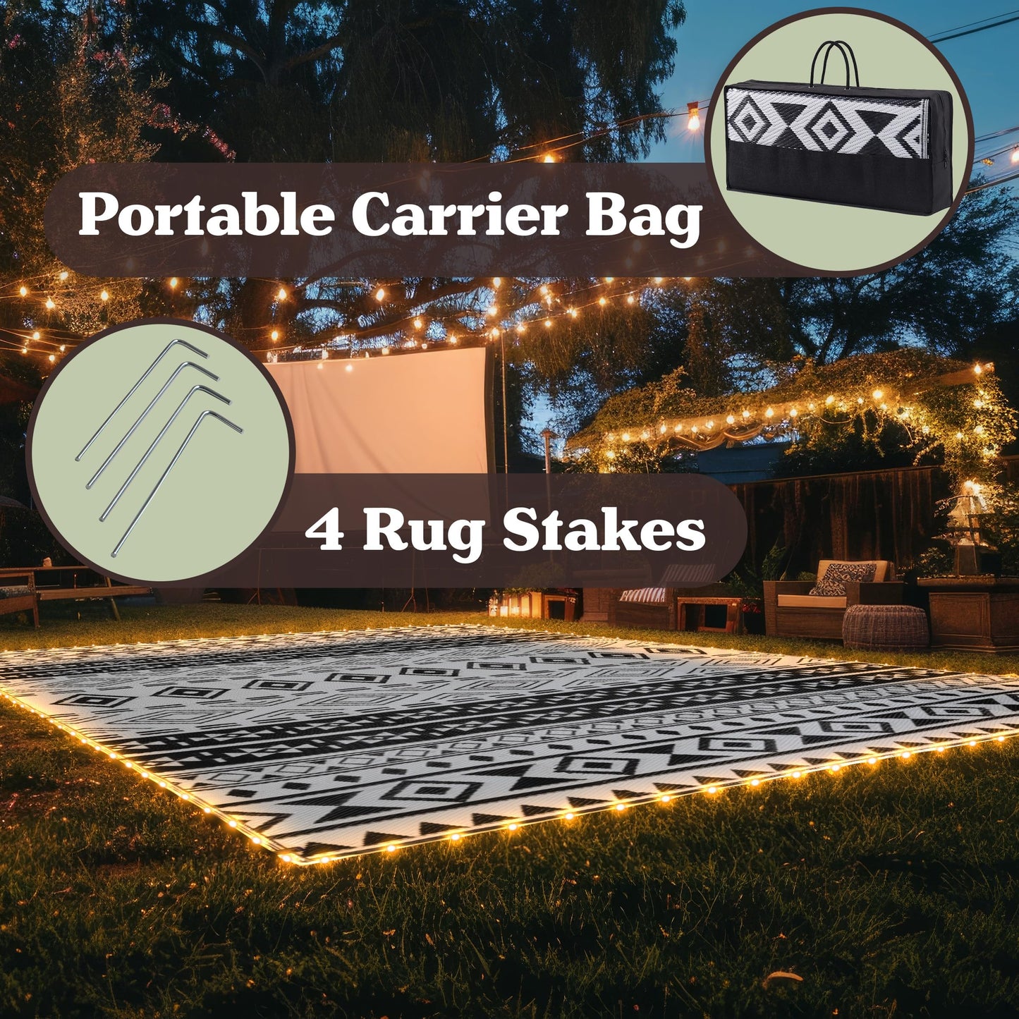 Pure Garden Outdoor Patio Rug with LED Lights - 8x10 Outdoor Rug - Plastic Straw Patio Mat Outdoor Waterproof Carpet - RV or Porch Decor (Gray)