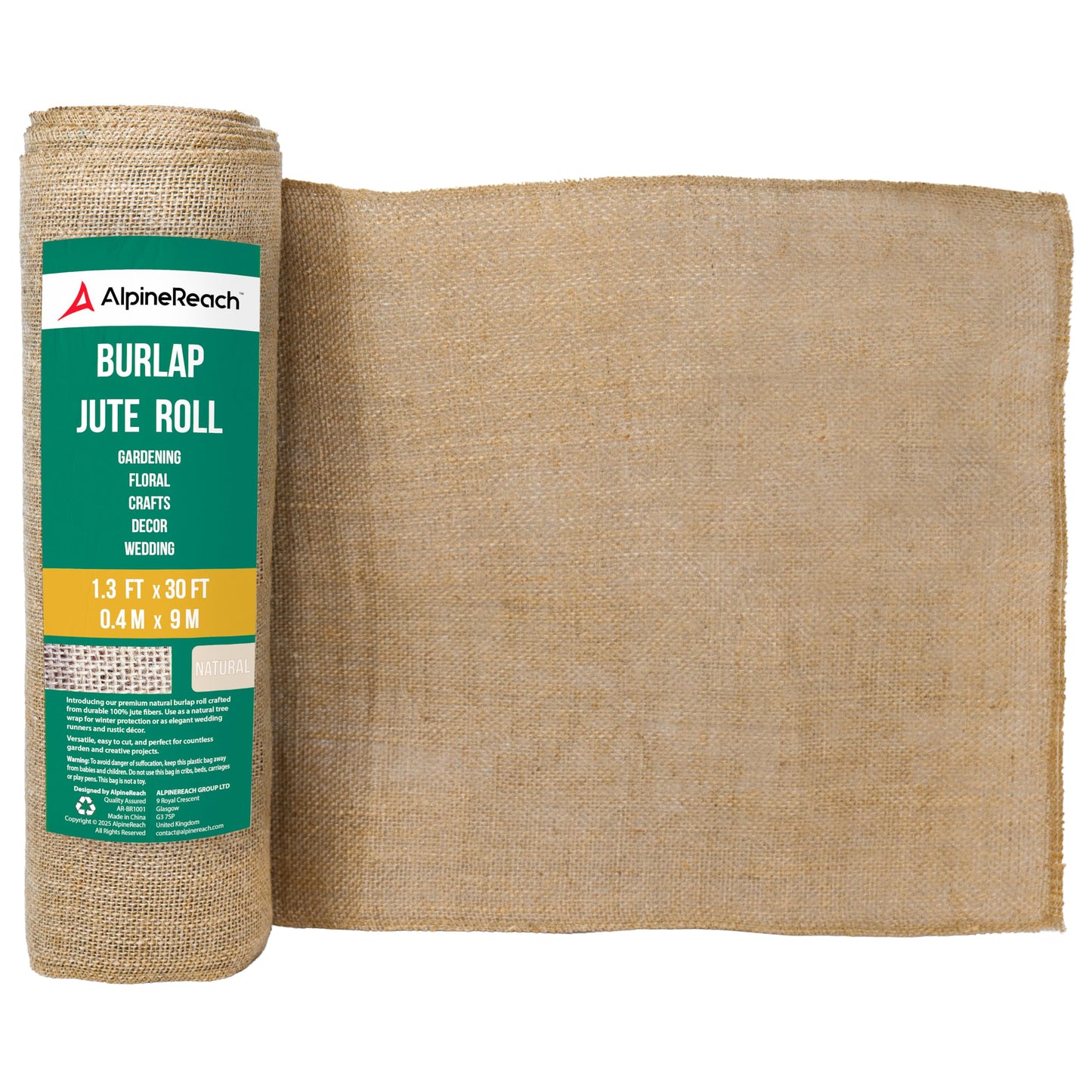 AlpineReach Burlap Fabric Roll 1.3ft x 30ft - Multipurpose Natural Jute for Tree & Plant Frost Protection, Wedding Runner Decorations, Home Center Pieces, Rustic Fiber Party Décor, Gardening