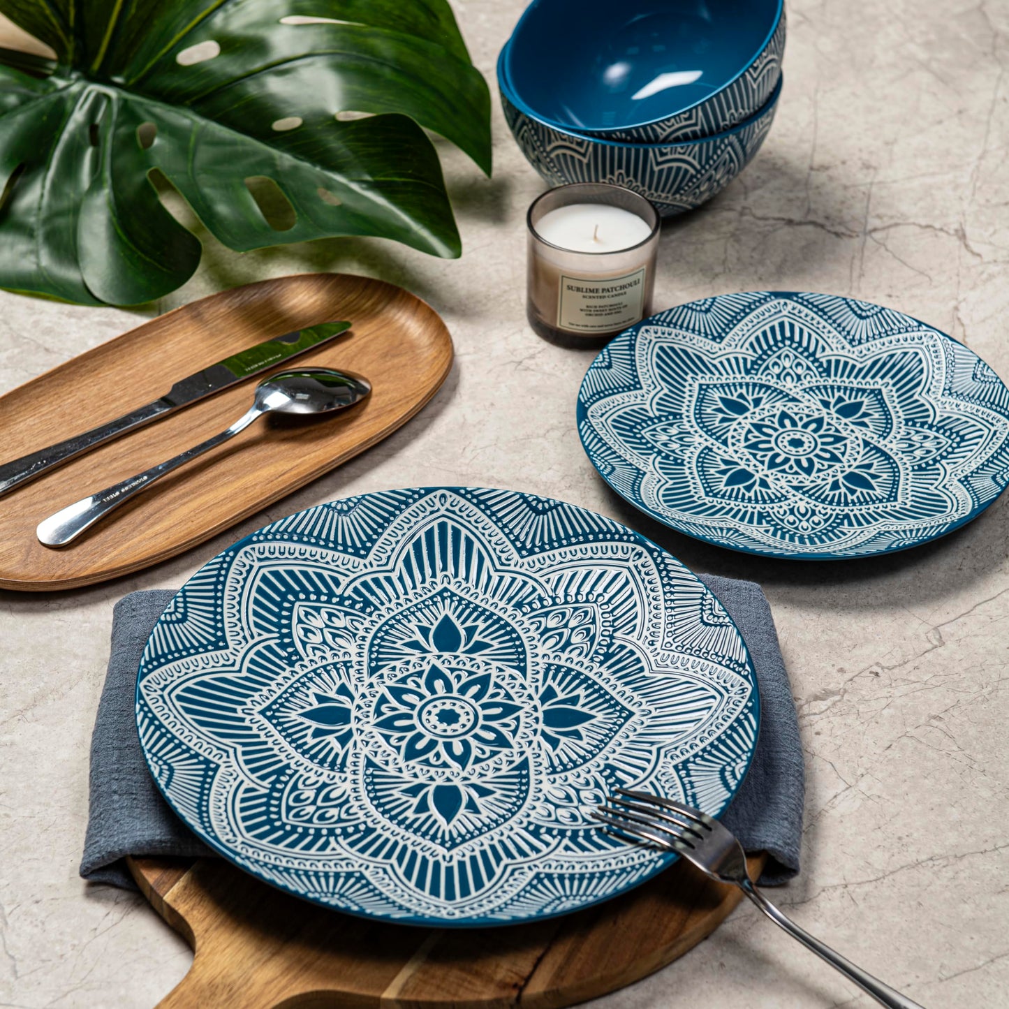 Bzyoo 12-Piece Ceramic Dinnerware Set: La La Mandala Blue Dish Set Design for Every Occasion - Microwave & Dishwasher Safe Stackable Plates Bowls