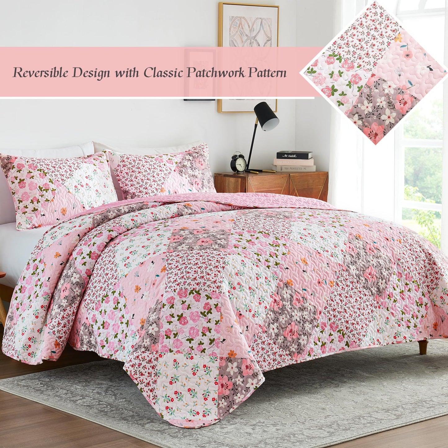 Whale Flotilla Patchwork Quilts Queen Size, Extra Soft Boho Floral Bedspreads for Bed Reversible Lightweight Full Queen Quilt Bedding Set Printed Coverlets with 2 Pillow Shams for All Seasons, Pink