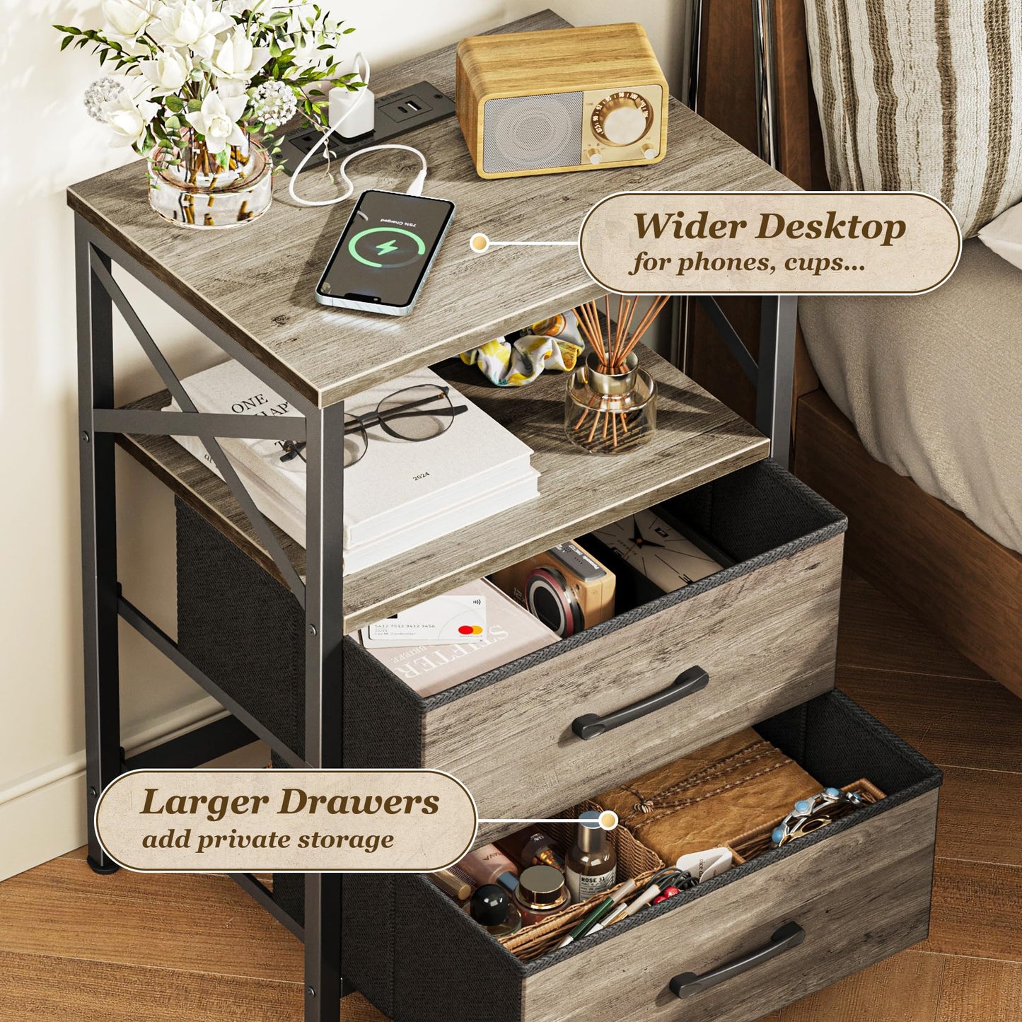 Huuger Night Stand with Charger Station, 2 Drawer Nightstand with Open Shelf, Bed Side Table with USB-C Port, End Table, Compact Size for Small Spaces, X Shaped Side Rail, Oak