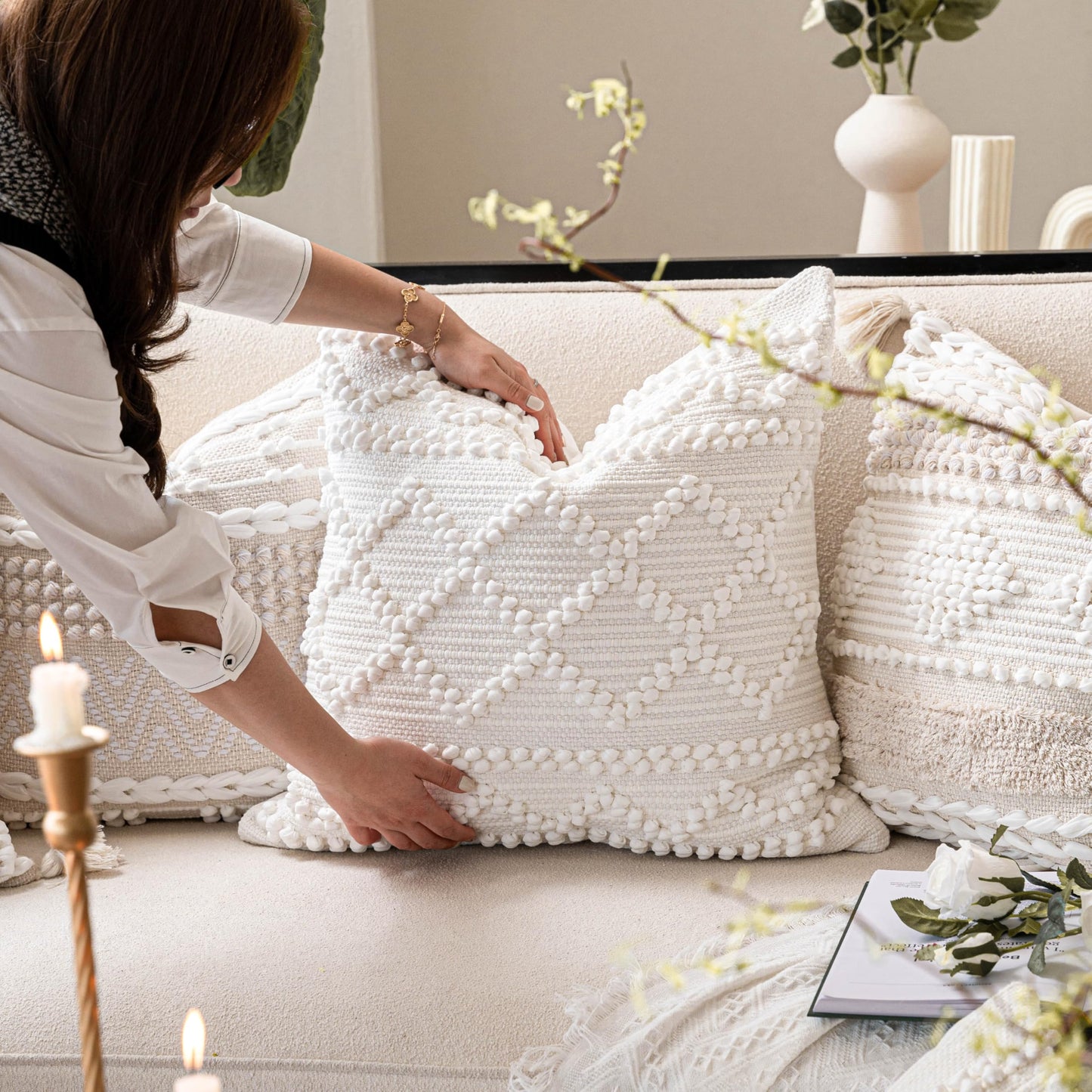 BlissBlush Pure White Decorative Throw Pillow Cover 20X20, Boho Accent Pillow for Couch, Square Modern Farmhouse Pillowcase for Living Room Couch Sofa Cushion Home Décor (Pack of 1)
