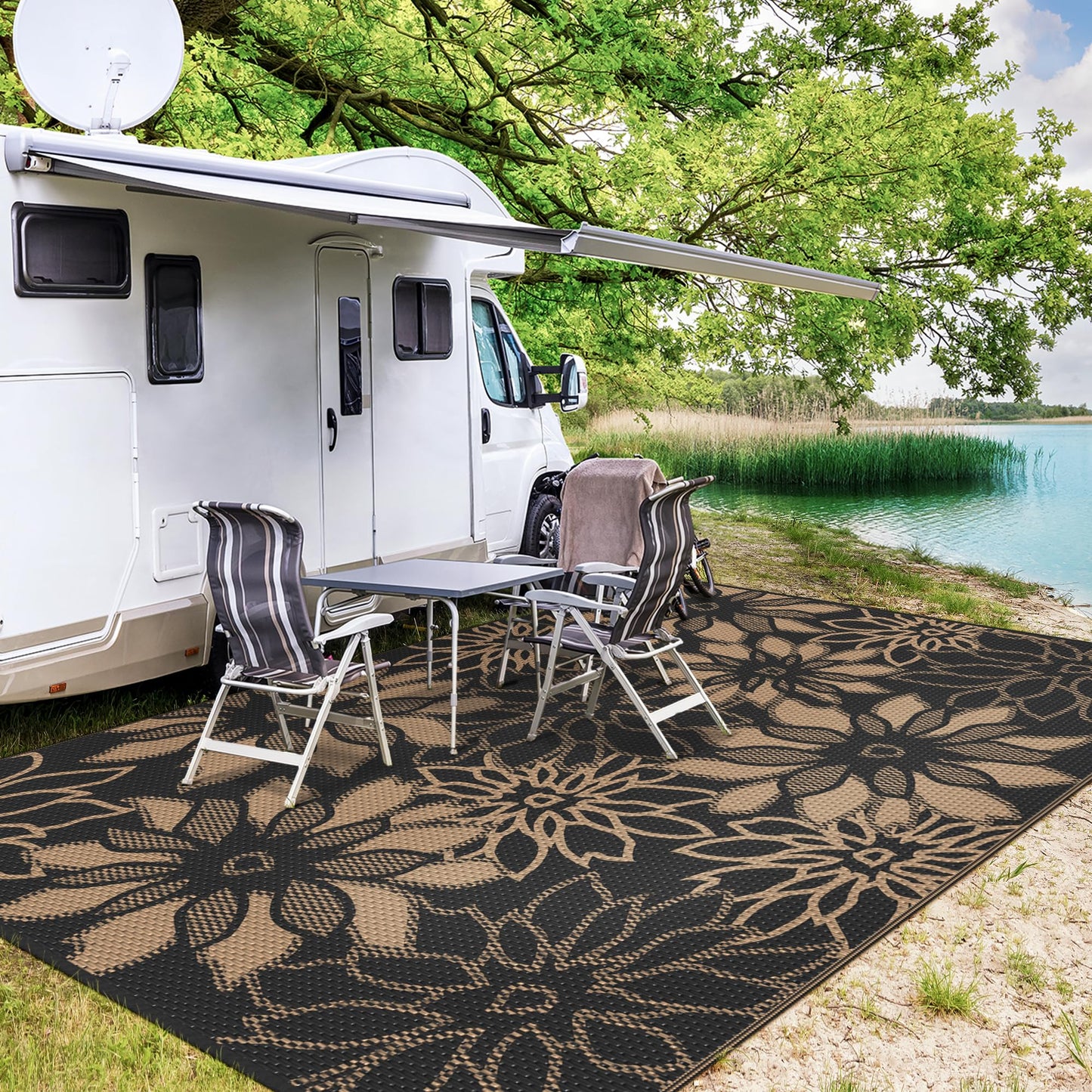 GENIMO Outdoor Rug Waterproof for Patio Decor, 8' x 10' Reversible Plastic Straw Floral Camping Carpet, Large Area Rugs Mats for RV, Camper, Deck, Balcony, Porch, Beach, Picnic, Black & Brown